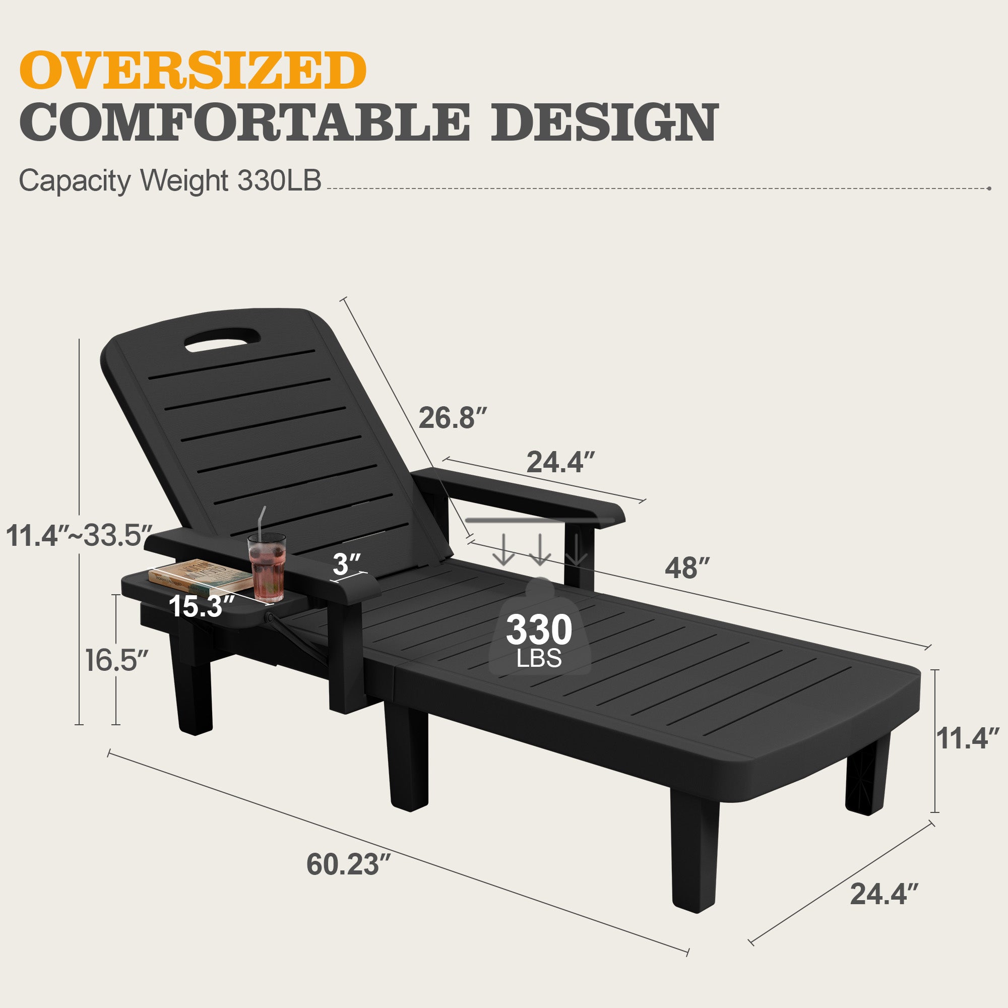 UDPATIO Oversized Pool Lounge Chairs Set of 2, Waterproof Resin Pool Chaise Lounges with Armrests and Cup Holder Tray, 5 Level Adjustable Backrest, for Poolsode, Lawn, Beach, Backyard
