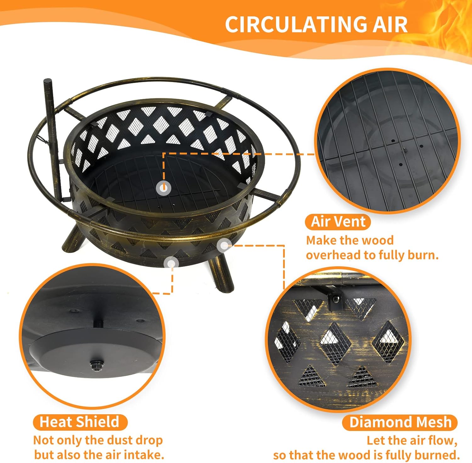 UDPATIO 2 in 1 Outdoor Fire Pit with Grill Cover & Mat, Large 30" Wood Burning FirePits with Swivel Cooking Grate Outdoor Firepit with Spark Cover for Backyard Bonfire Patio Outside Picnic BBQ