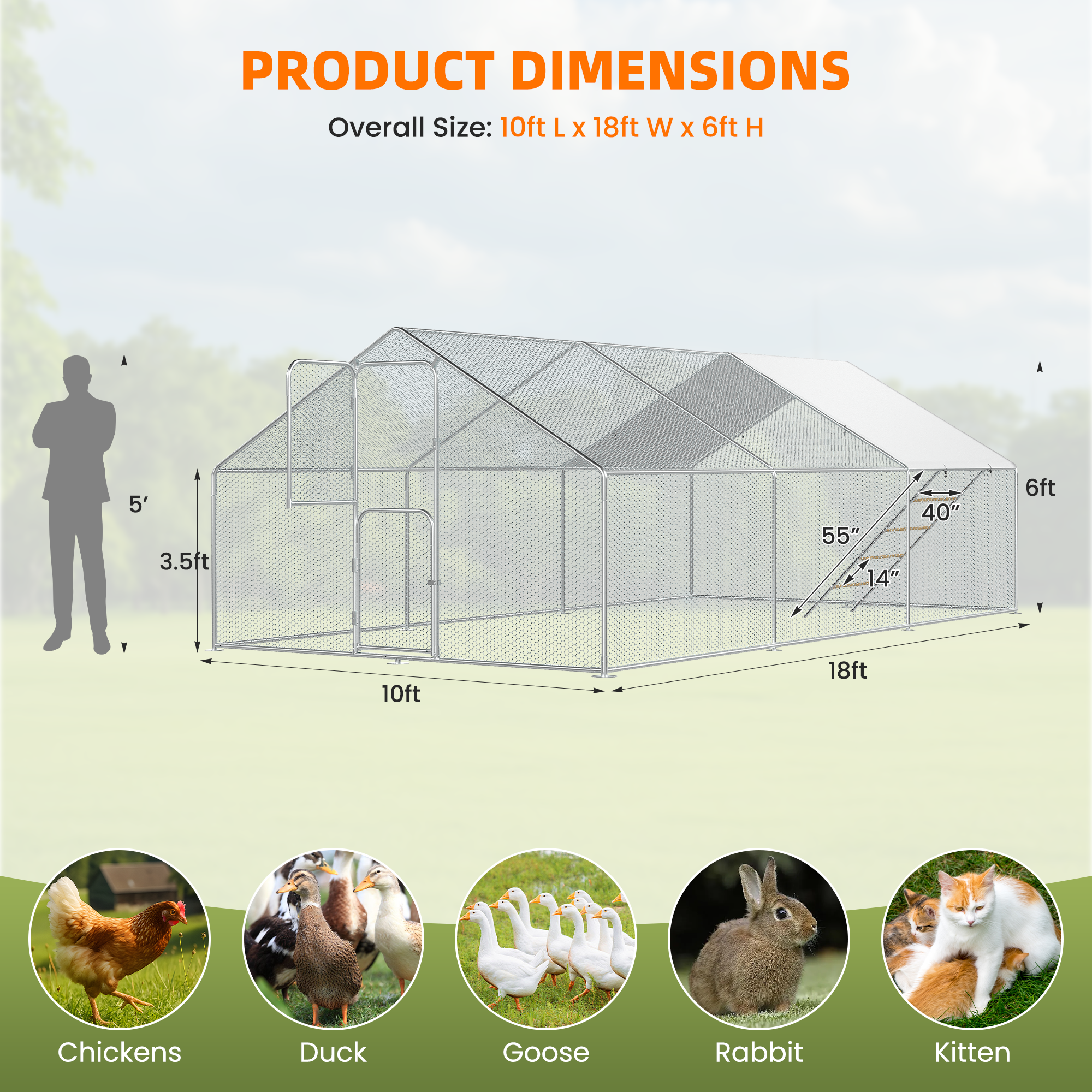 UPDATIO Large Metal Chicken Coop Walk In with Roosting Perch — Heavy-Duty Outdoor Poultry Pen with Protective Cover, Predator-Proof & Weather-Resistant  for 25-35 Chickens,18*10*6 FT