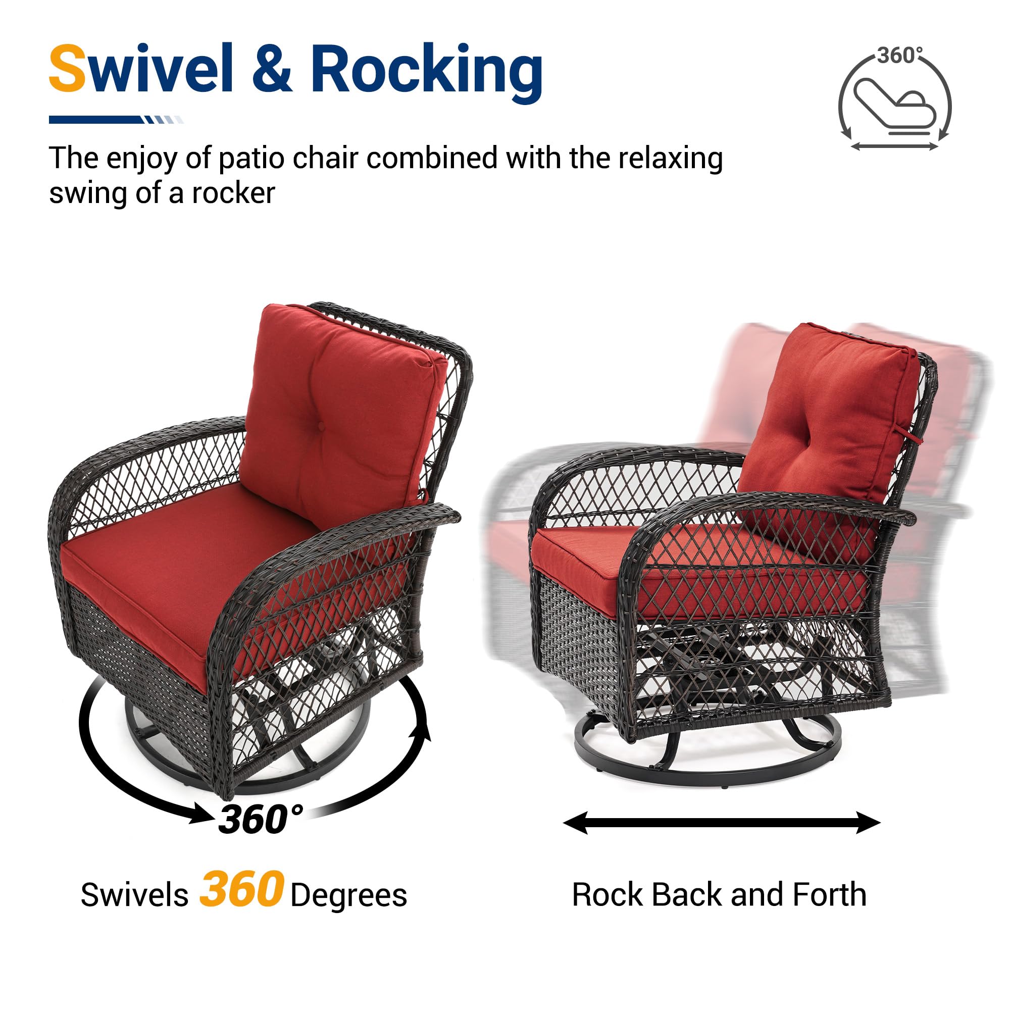 UDPATIO 3 Pieces Patio Furniture Set, Outdoor Swivel Rocker Patio Chairs Set of 2, All-Weather PE Wicker Glider Chairs with Thick Cushions and Glass Coffee Table，for Porch Deck Backyard