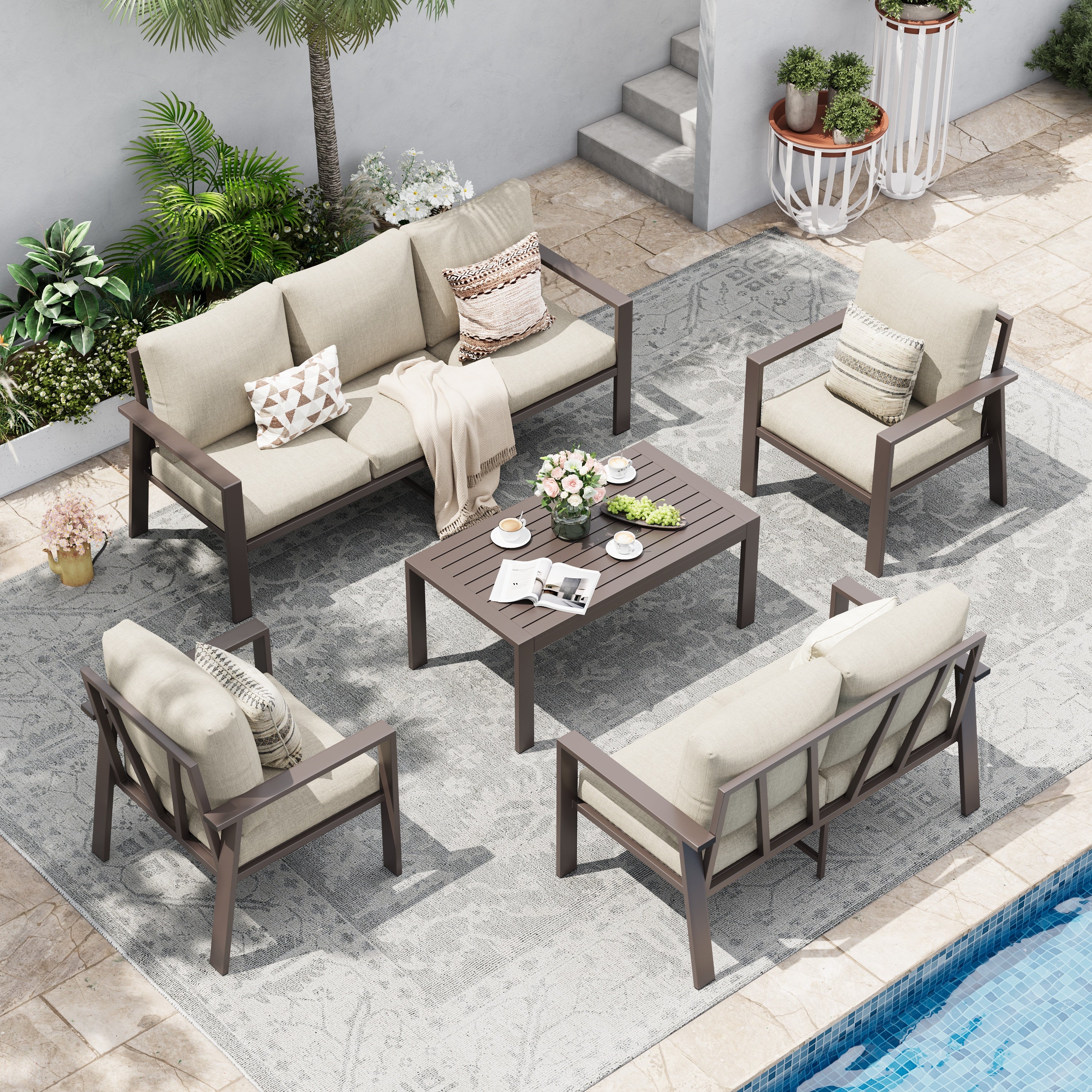 UDPATIO Aluminum Patio Furniture Set, Contemporary Outdoor Couch Set, Aluminum Patio Conversation Set, Beige