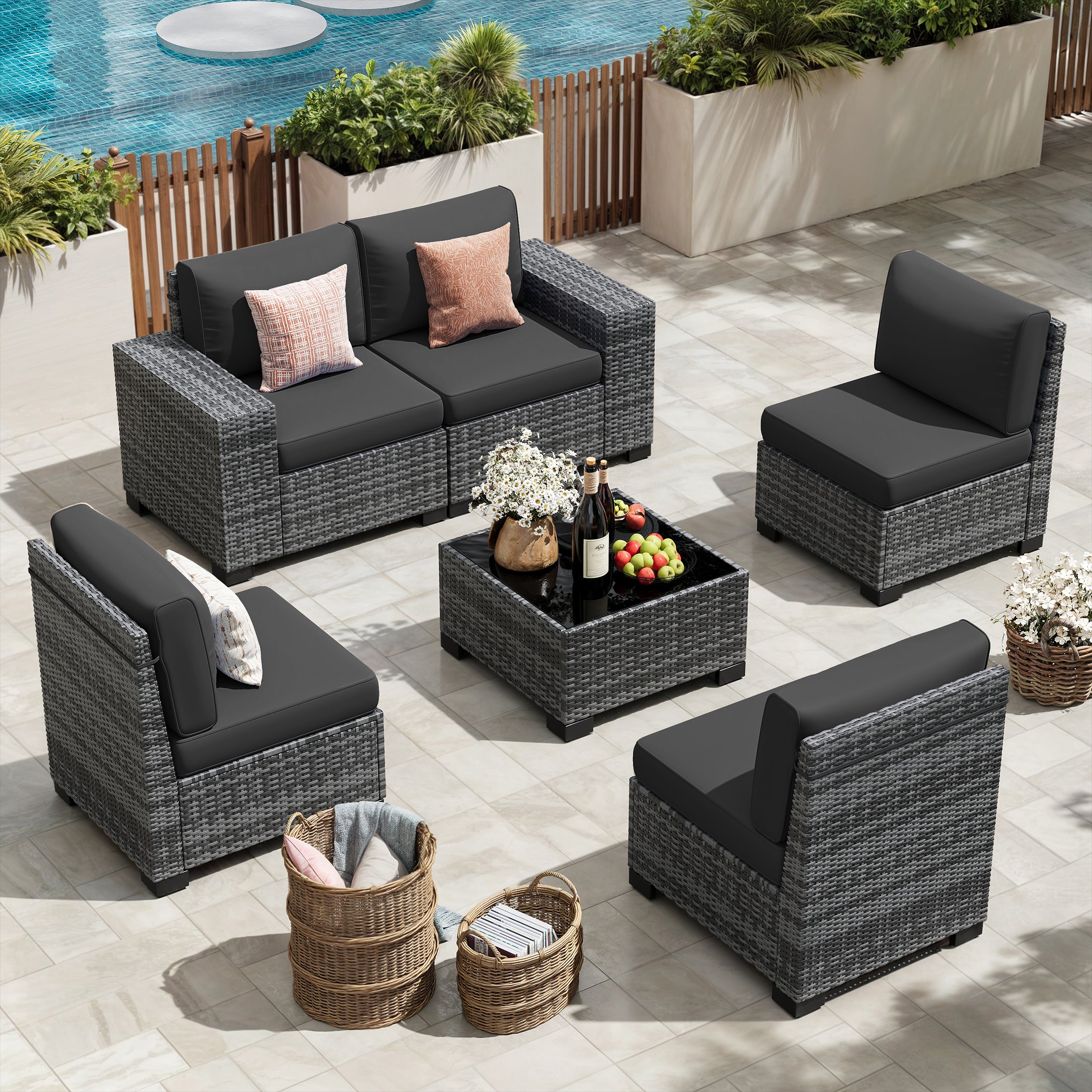 UDPATIO 6-Piece Patio Furniture Set, Outdoor Patio Sofa Set With Wide Armrest, All-Weather Wicker Rattan Guest Set With Cushion And Glass Table And Waterproof Cover, Grey & Black