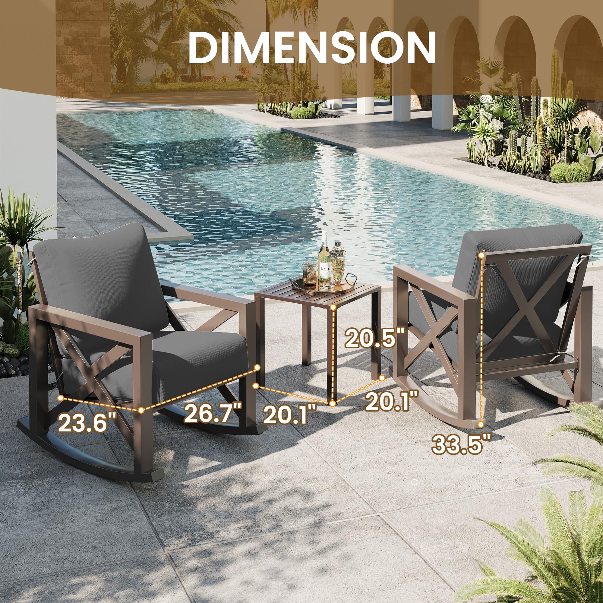 UDPATIO Outdoor Rocking Chair Set 2 with Coffee Table, 3 Piece Metal Patio Furniture Set with 6.5" Water-Resistant Cushions, 350lbs Heavy-Duty, for Porch, Patio, Balcony, Dark Grey