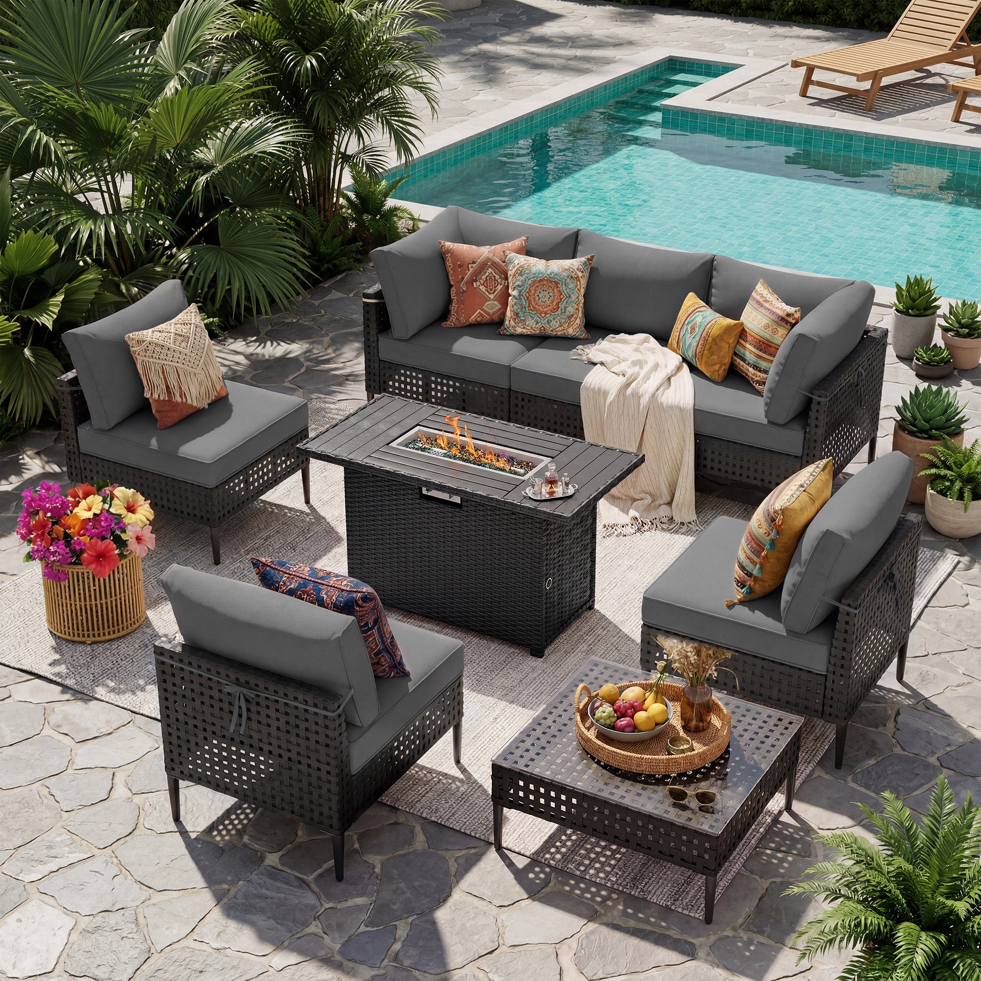 UDPATIO Wicker Patio Furniture Set with Sectional Sofas, All-Weather Cushions and Fire Pit Table, Bohemian Style and High-Leg Design for Garden, Deck, Poolside (Dark Gray/8 Piece)