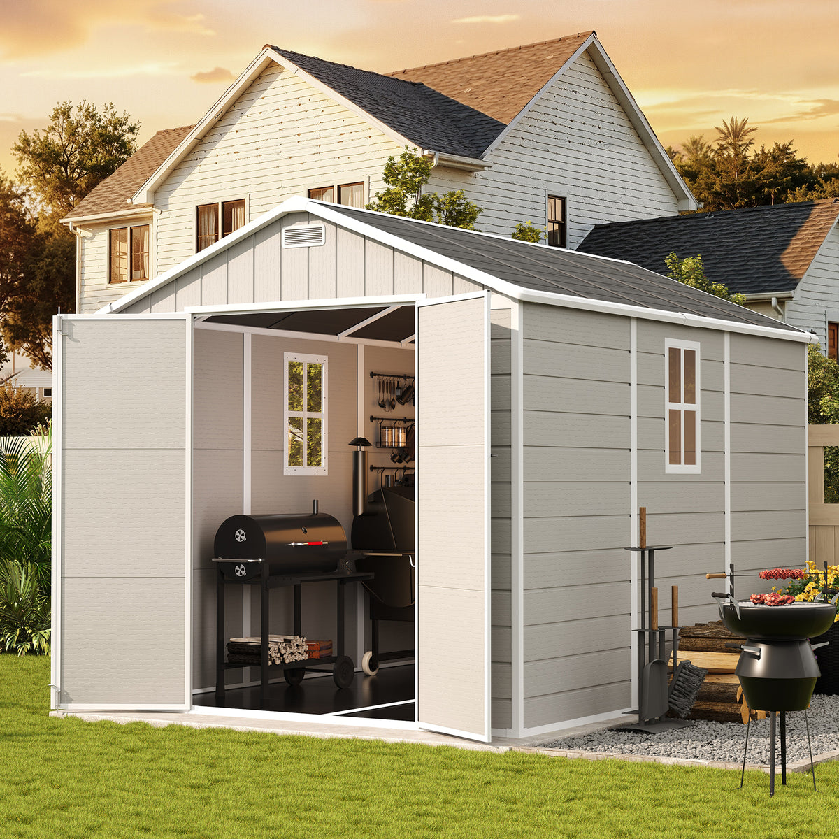 UDPATIO Resin Storage Shed 8 x 10 FT, Outdoor Garden Sheds with Floor Plastic Patio Outdoor Storage with Lockable Door for Bike, Garbage Sandstone