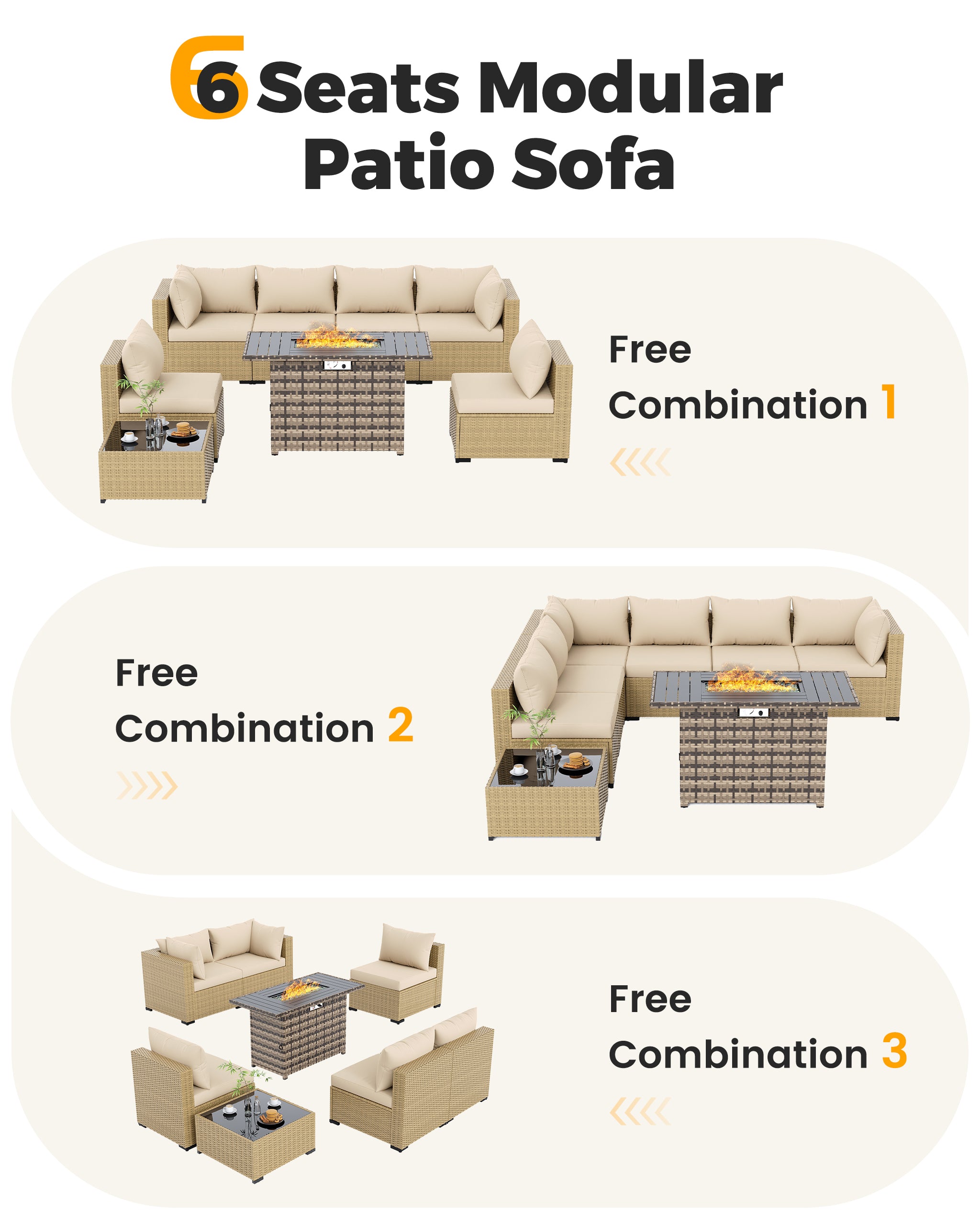 UDPATIO Furniture Set with Fire Pit Table, 8 Piece Sectional Sofas, All-Weather Wicker Conversation for Garden, Backyard, Beige
