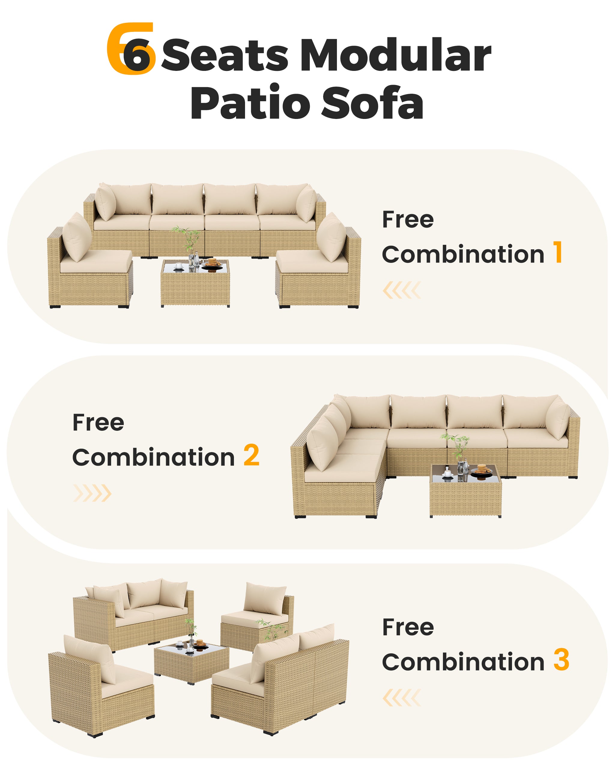 UDPATIO Furniture Set, 7 Piece Sectional Sofas with Wicker Coffee Table, Conversation for Garden, Backyard, Beige
