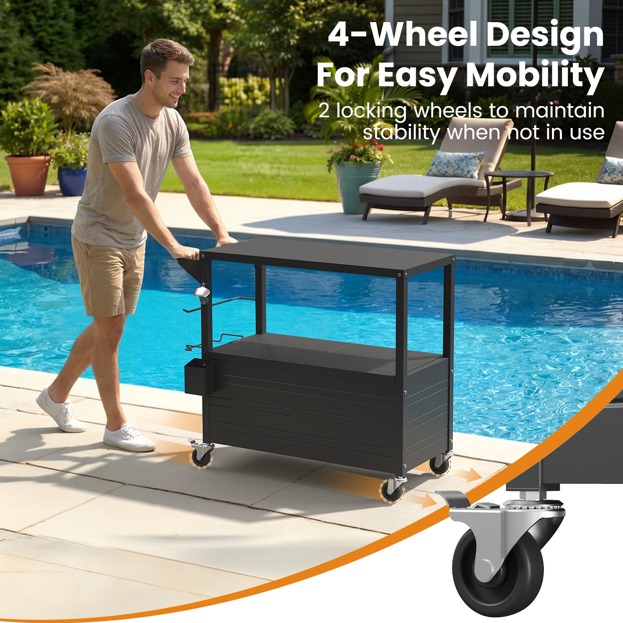 80 Quart Rolling Ice Chest with Top Table Patio Cooler Cart with 4 Wheels, Portable Outdoor Beverage Cooler with Drain Plug Weather Resistant for BBQ Party Pool Deck, Indoor & Outdoor Use