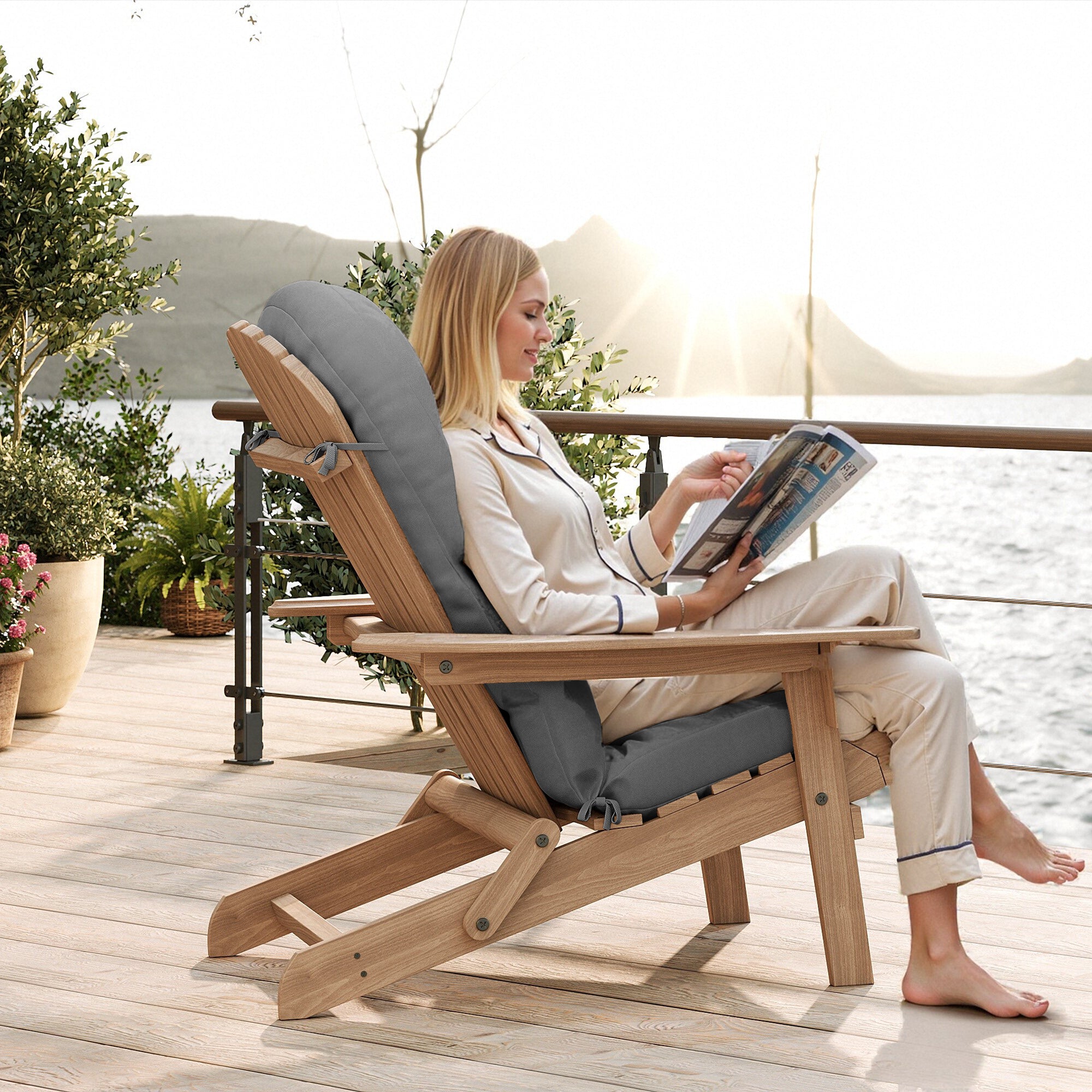 Adirondack Chair Cushion Set of 2 with Ties - Sunproof Waterproof Outdoor High Back Seat Pads for Rocking Chairs, Patio, Deck, Porch, Lawn (Upper & Lower Back Support)