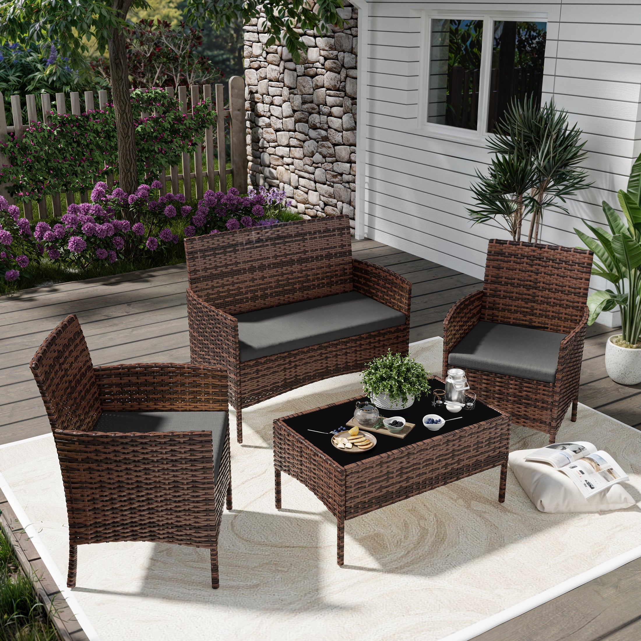 UDPATIO 4 Pieces Outdoor Patio Furniture,Sectional Conversation Sets,Brown PE Rattan Patio Chairs with Table and Loveseat for Balcony, Porch, Backyard,（Gray Cushion）