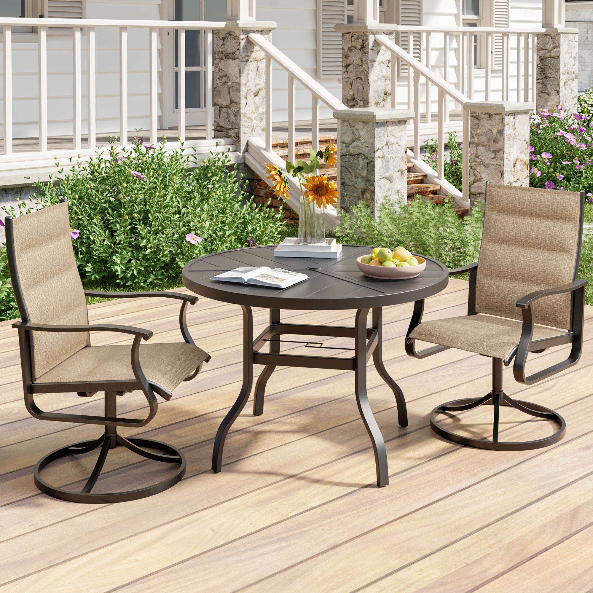 UDPATIO Swivel Patio Chairs Set of 2, Outdoor Swivel Rocker Patio Chairs with High Back, All Weather Textilene & Metal Frame for Backyard, Lawn, Porch, Pooside or Garden, Brown - Padded