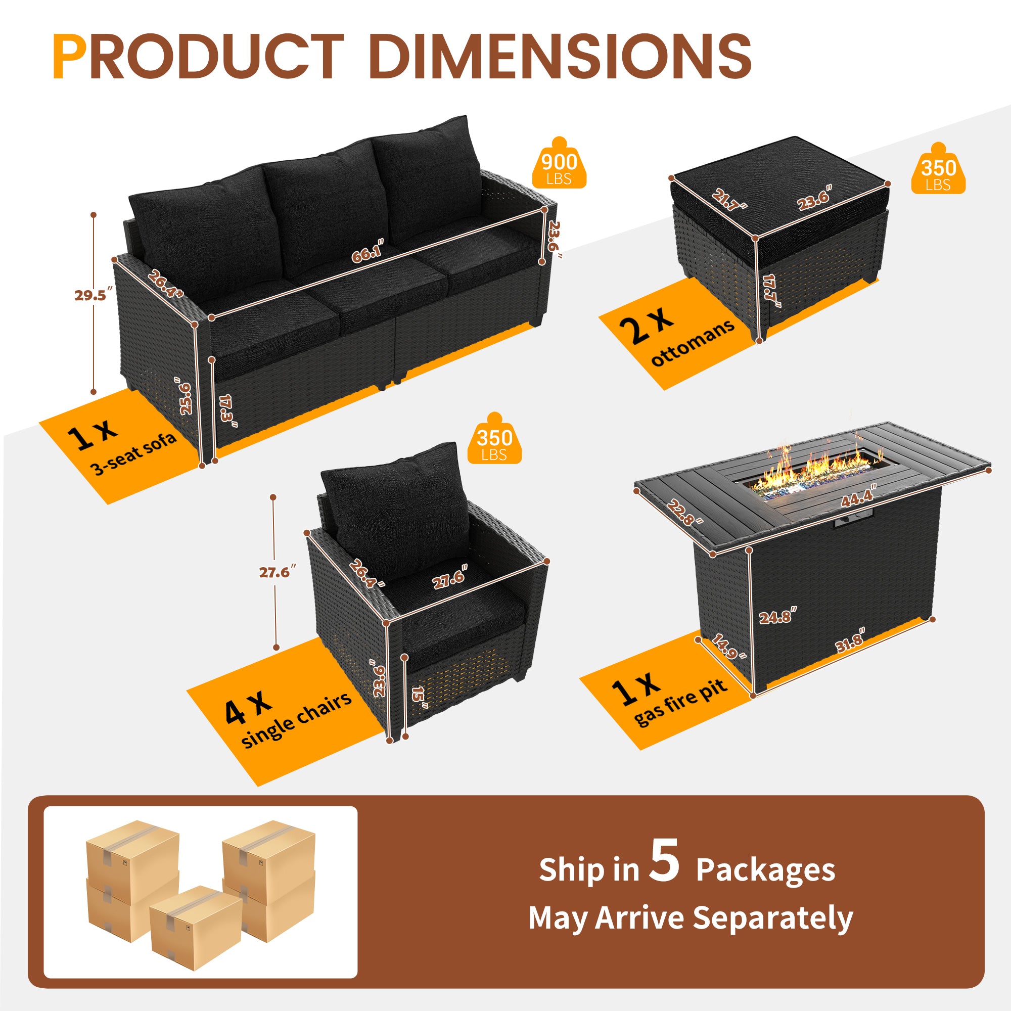 UDPATIO Patio Furniture Set with 44" Fire Pit Table, 8 Pieces Outdoor Sectional Conversation Sets, All-Weather Wicker Rattan Sofa Ottoman with 4" Thick Cushion for Garden Backyard Deck, Black