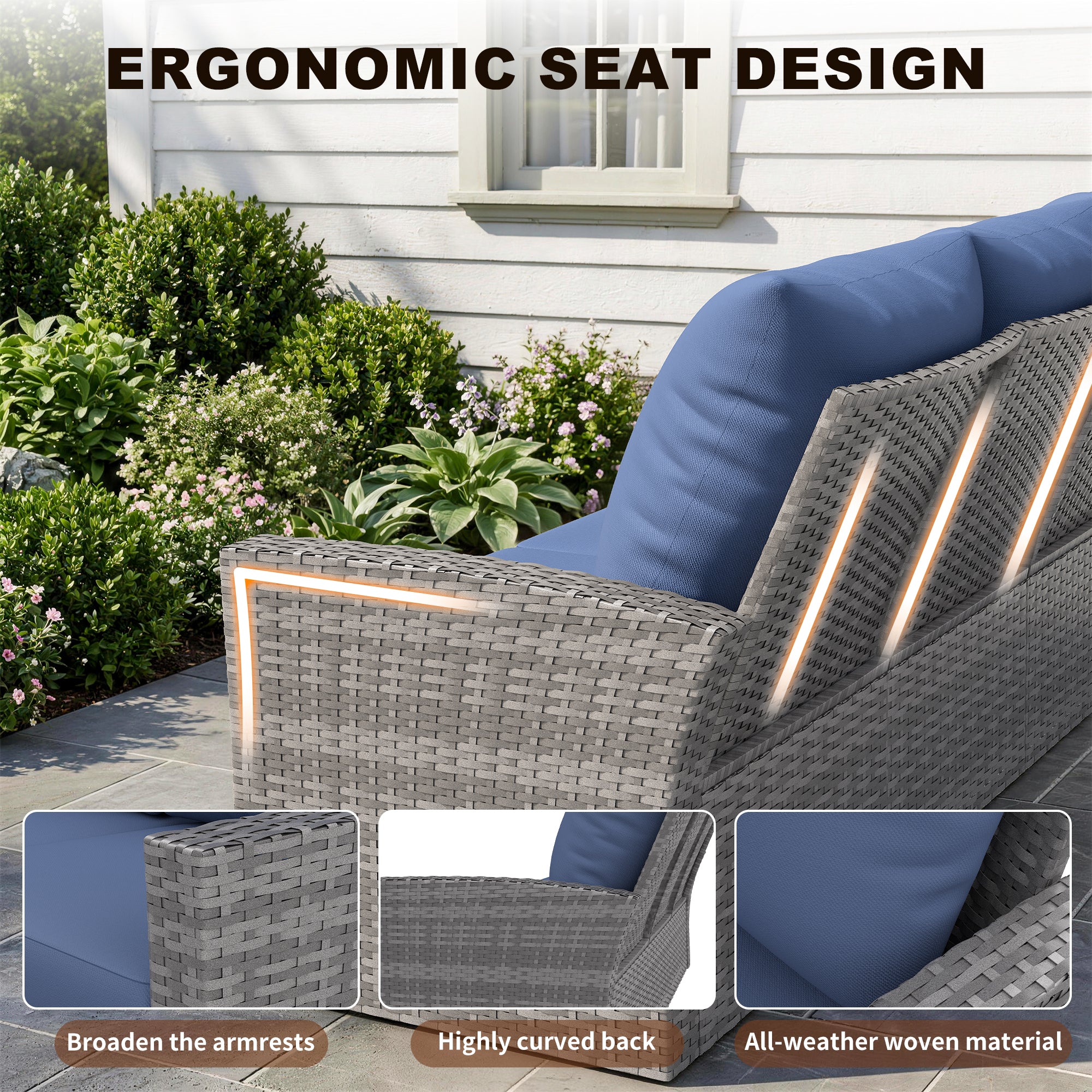 UDPATIO Wicker Patio Furniture Set，Gray PE Rattan Patio Sofa Set with coffee table，Outdoor Sectional Conversation Sets for Balcony, Porch, Backyard, Navy