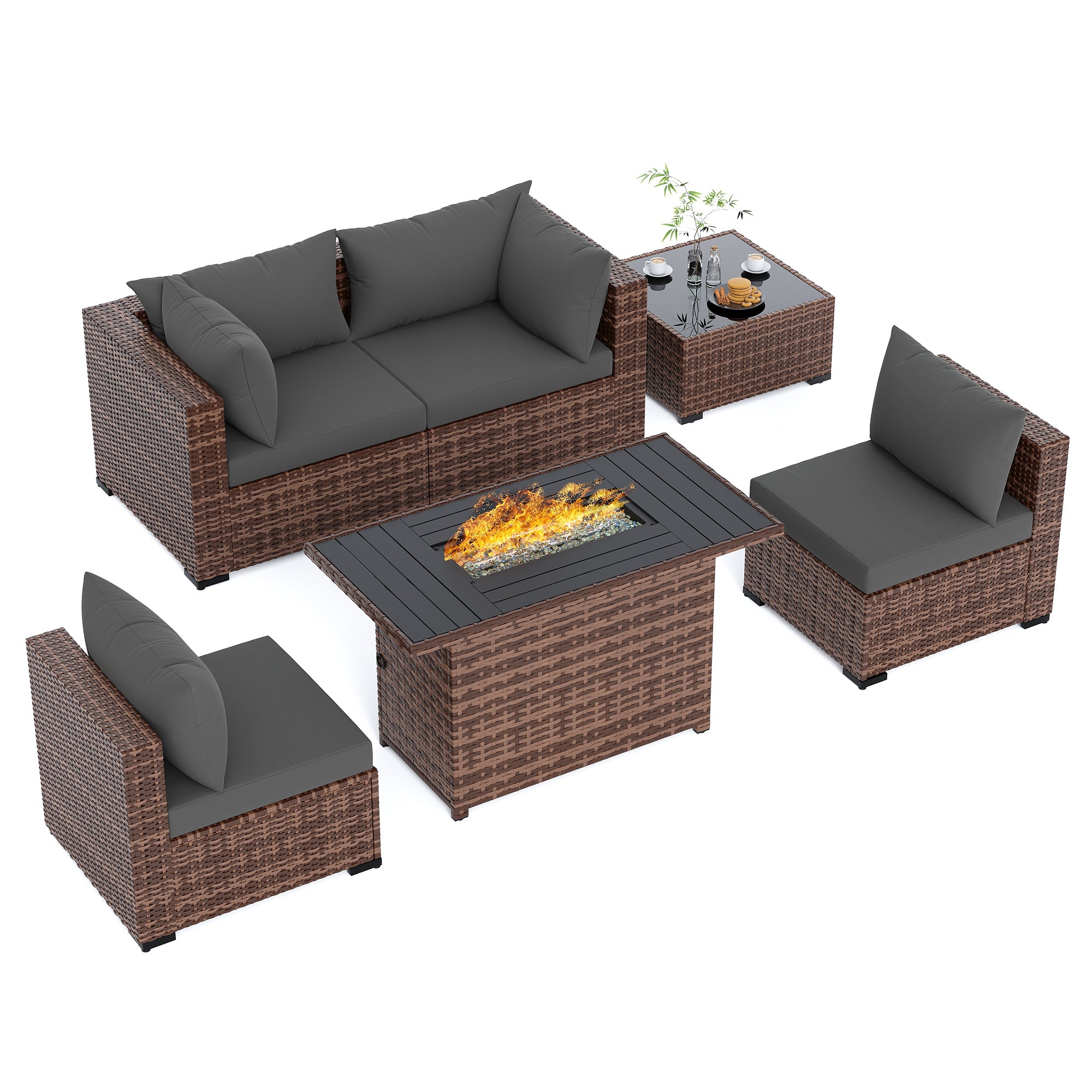 UDPATIO Patio Furniture Set with Fire Pit Table, 5 Piece Outdoor Sectional Sofas, All-Weather Wicker Conversation for Garden, Backyard, Navy Blue