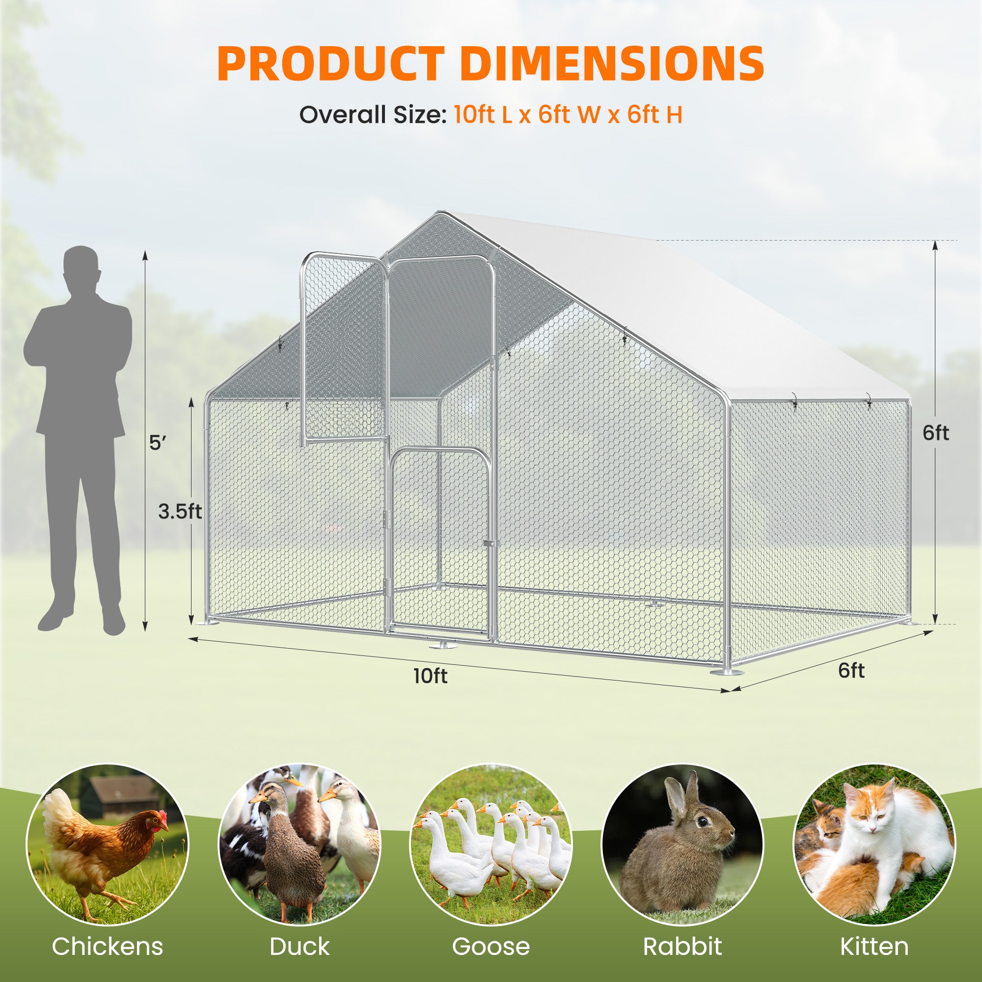 UDPATIO Large Metal Chicken Coop Walk in, Outdoor Heavy Duty Chickens Pen Run w/Cover for Chickens - Predator Proof Poultry House，6*10*6 FT