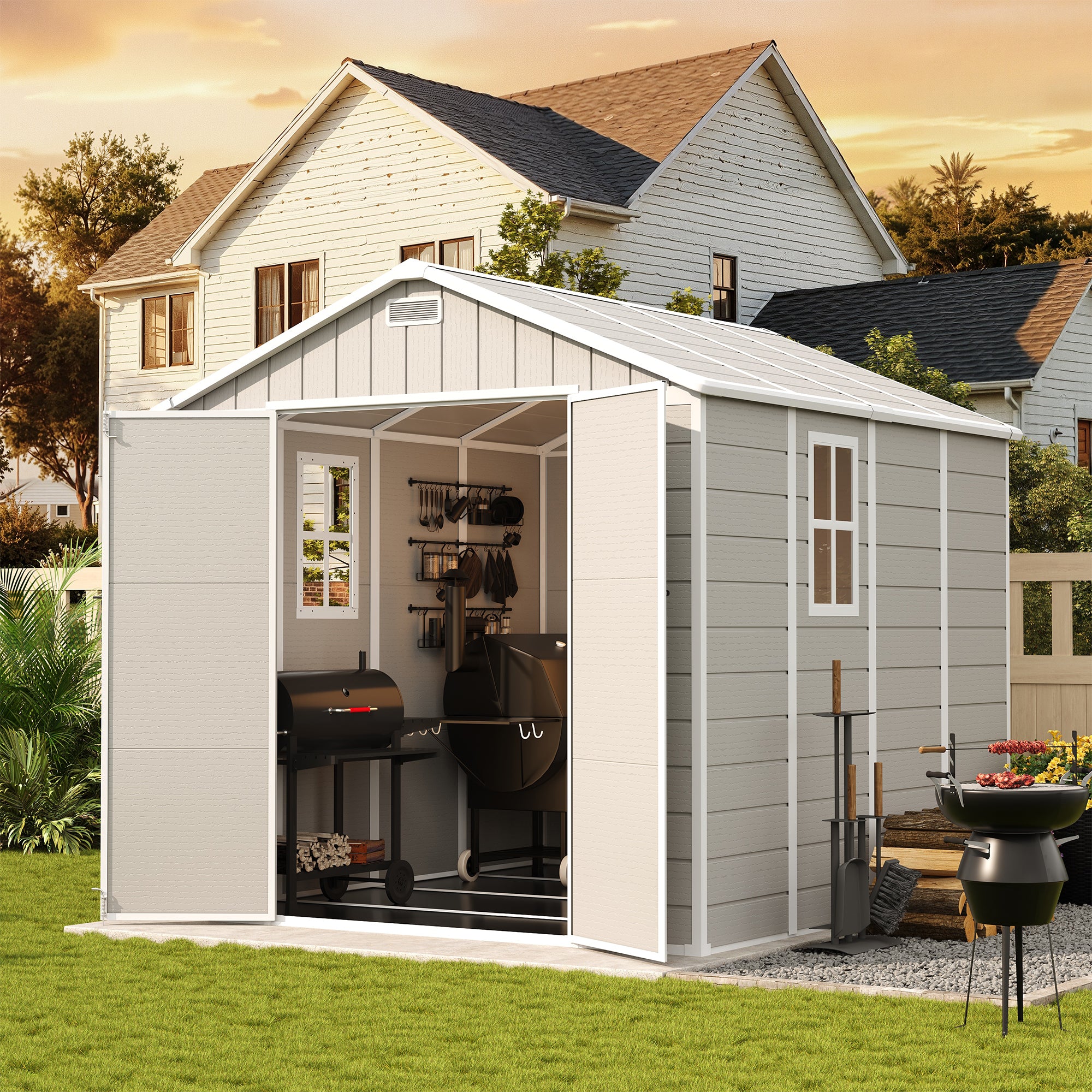 UDPATIO Resin Storage Shed 8 x 8 FT, Outdoor Garden Sheds with Floor Plastic Patio Outdoor Storage Shed with Lockable Door, Sandstone