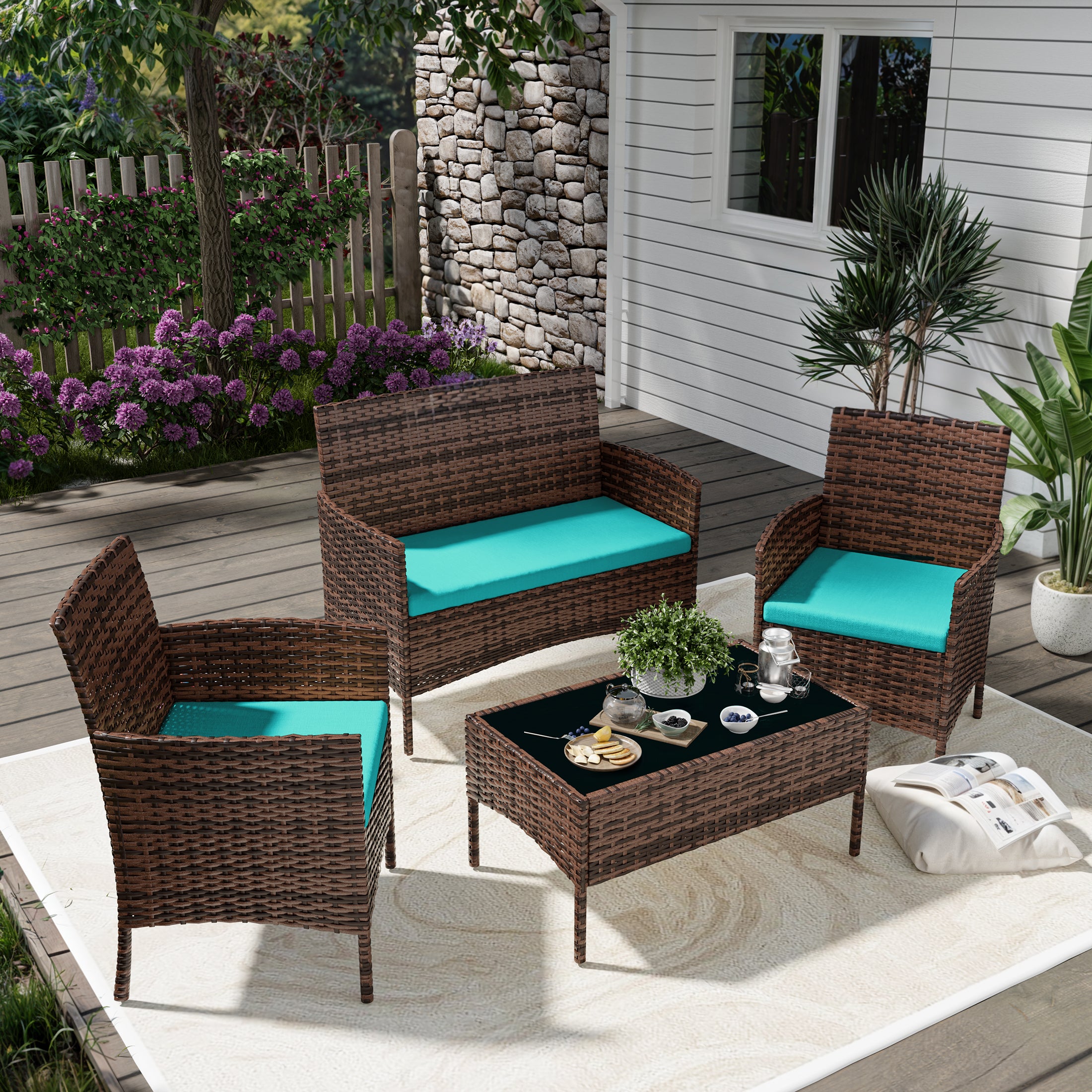 UDPATIO 4 Pieces Outdoor Patio Furniture,Sectional Conversation Sets,Brown PE Rattan Patio Chairs with Table and Loveseat for Balcony, Porch, Backyard,（Turquoise Cushion）