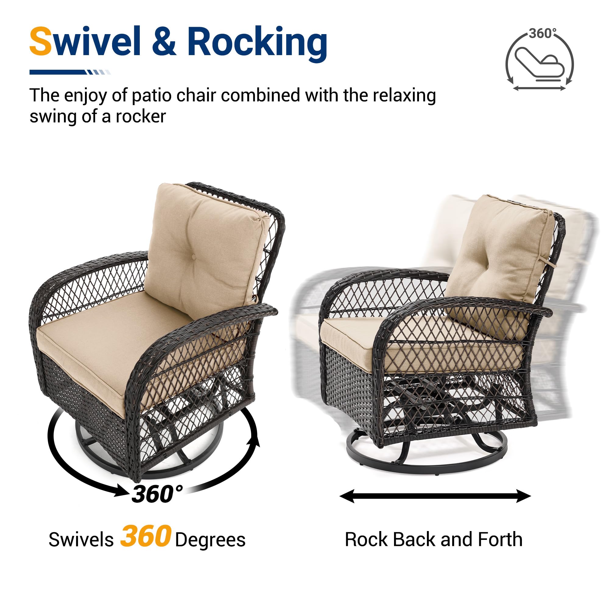 UDPATIO 3 Pieces Patio Furniture Set, Outdoor Swivel Rocker Patio Chairs Set of 2, All-Weather PE Wicker Glider Chairs with Thick Cushions and Glass Coffee Table，for Porch Deck Backyard
