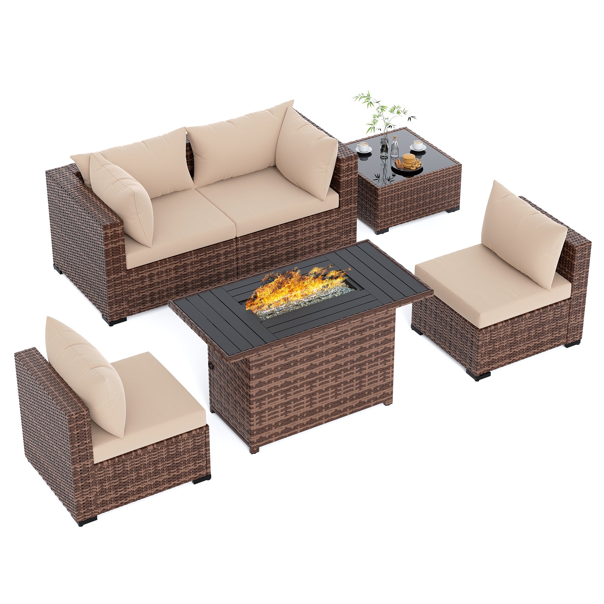 UDPATIO Patio Furniture Set with Fire Pit Table, 5 Piece Outdoor Sectional Sofas, All-Weather Wicker Conversation for Garden, Backyard, Khaki