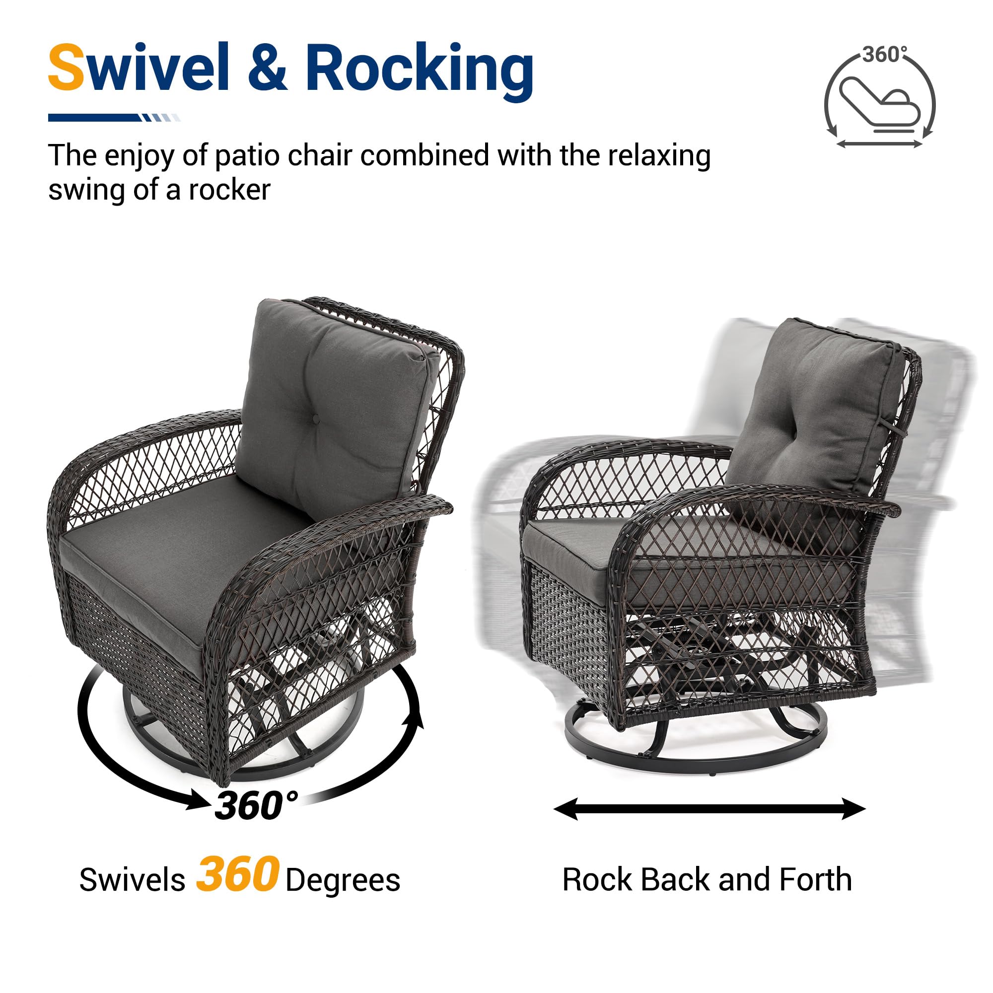 UDPATIO 3 Pieces Patio Furniture Set, Outdoor Swivel Rocker Patio Chairs Set of 2, All-Weather PE Wicker Glider Chairs with Thick Cushions and Glass Coffee Table，for Porch Deck Backyard