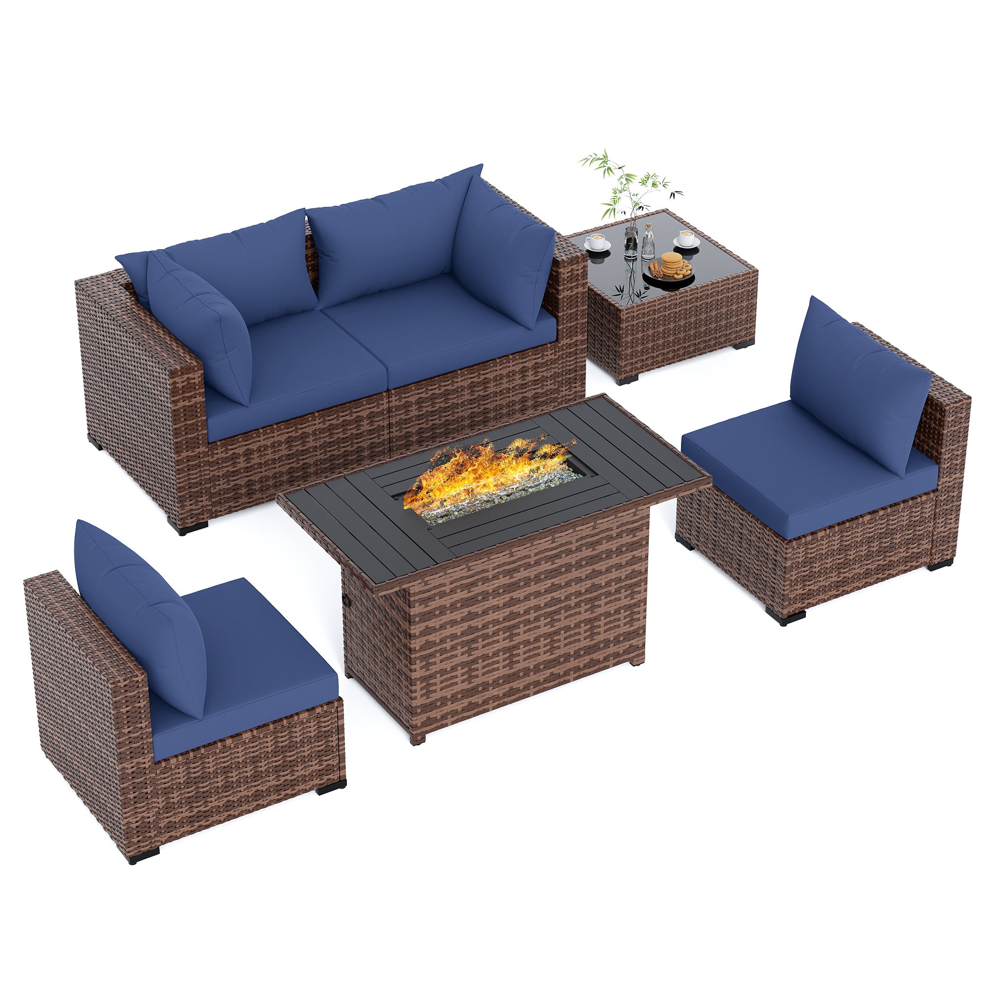 UDPATIO Patio Furniture Set with Fire Pit Table, 5 Piece Outdoor Sectional Sofas, All-Weather Wicker Conversation for Garden, Backyard, Grey