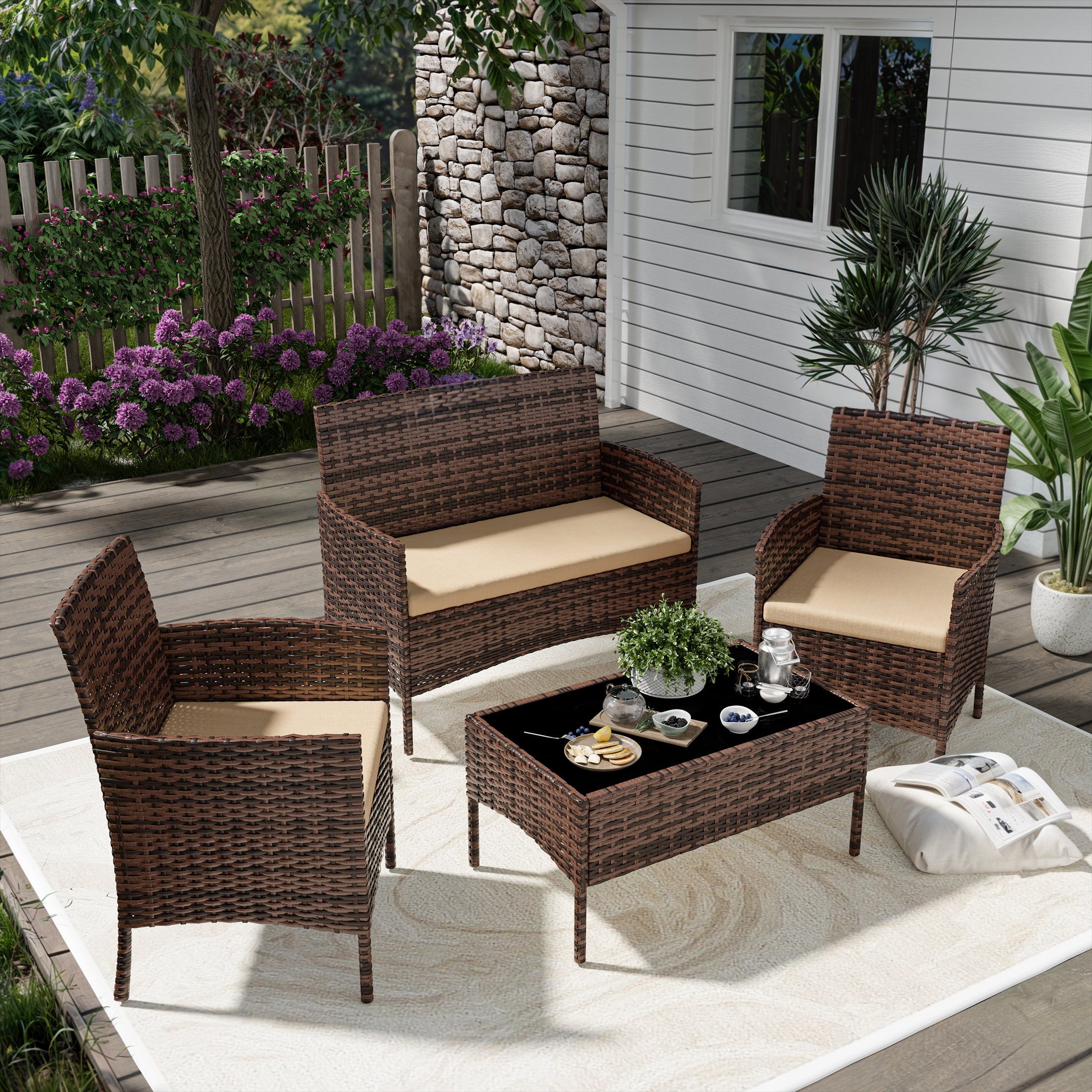 UDPATIO 4 Pieces Outdoor Patio Furniture,Sectional Conversation Sets,Brown PE Rattan Patio Chairs with Table and Loveseat for Balcony, Porch, Backyard,（Khaki Cushion）