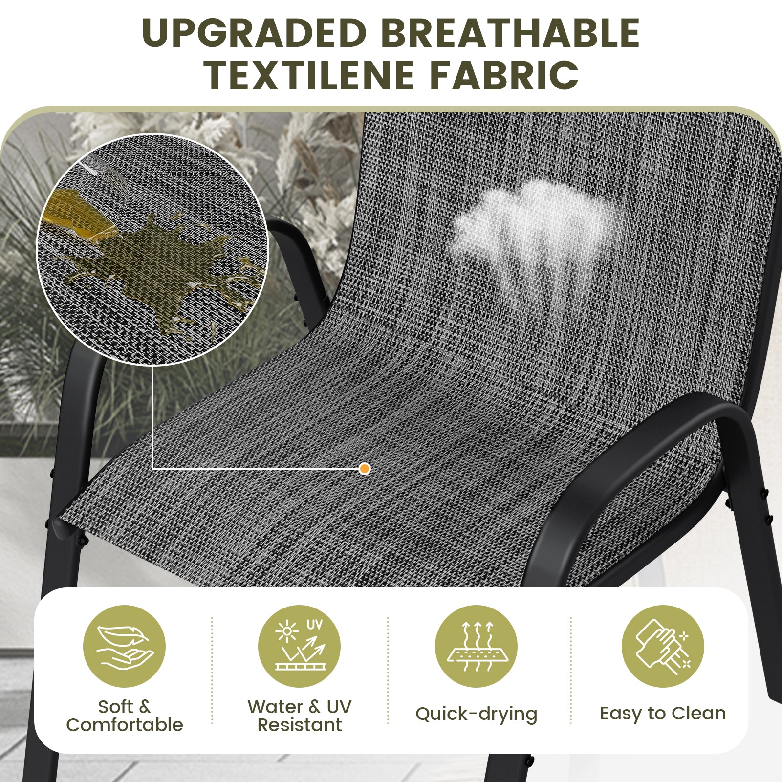 UDPATIO Patio Chairs Set of 4, Stackable Outdoor Dining Chairs with High Back, Textilene Fabric Breathable Outdoor Chair All Weather, 350LBS Capacity for Garden, Backyard (Dark Grey)