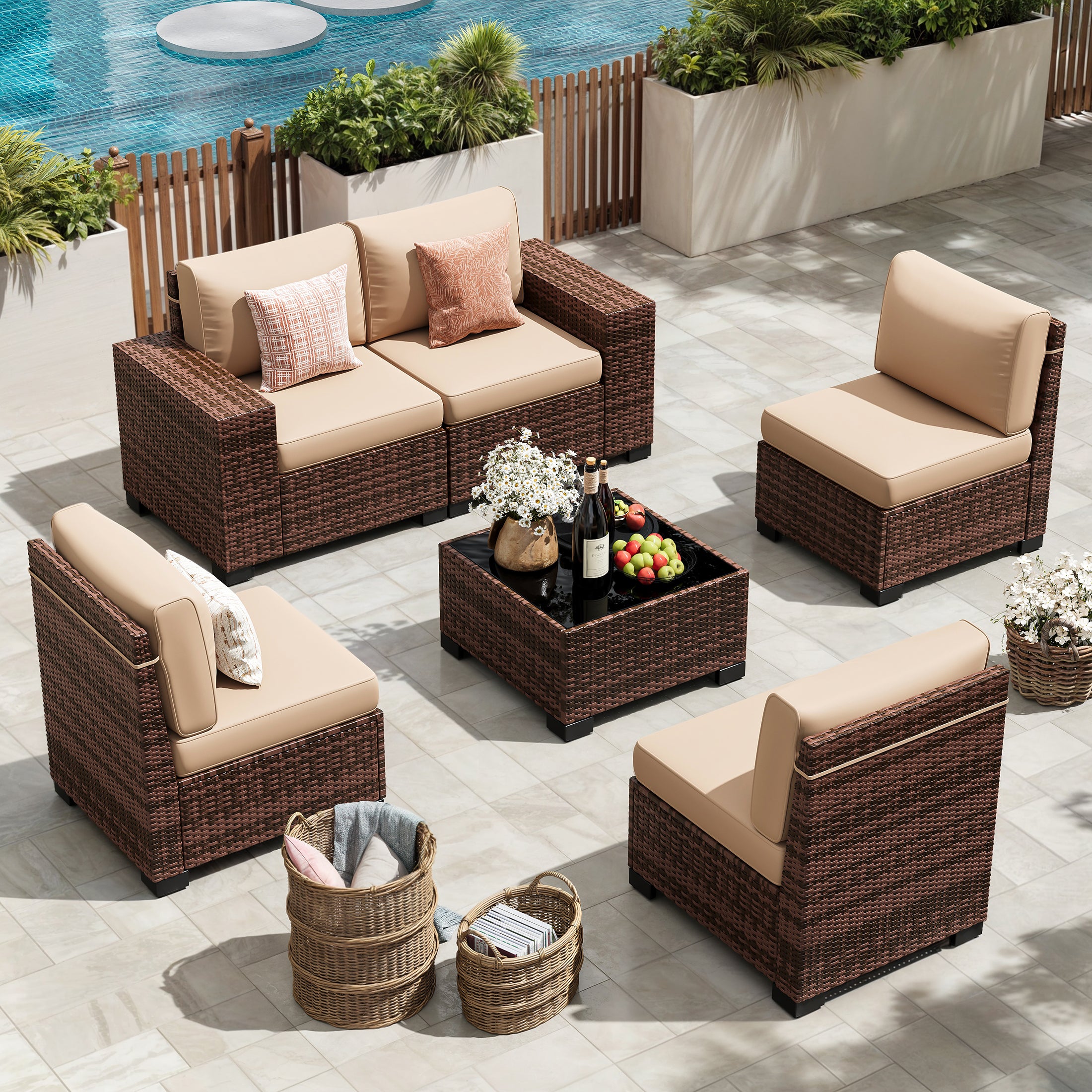 UDPATIO 6-Piece Patio Furniture Set, Outdoor Patio Sofa Set With Wide Armrest, All-Weather Wicker Rattan Guest Set With Cushion And Glass Table And Waterproof Cover, Brown & Khaki