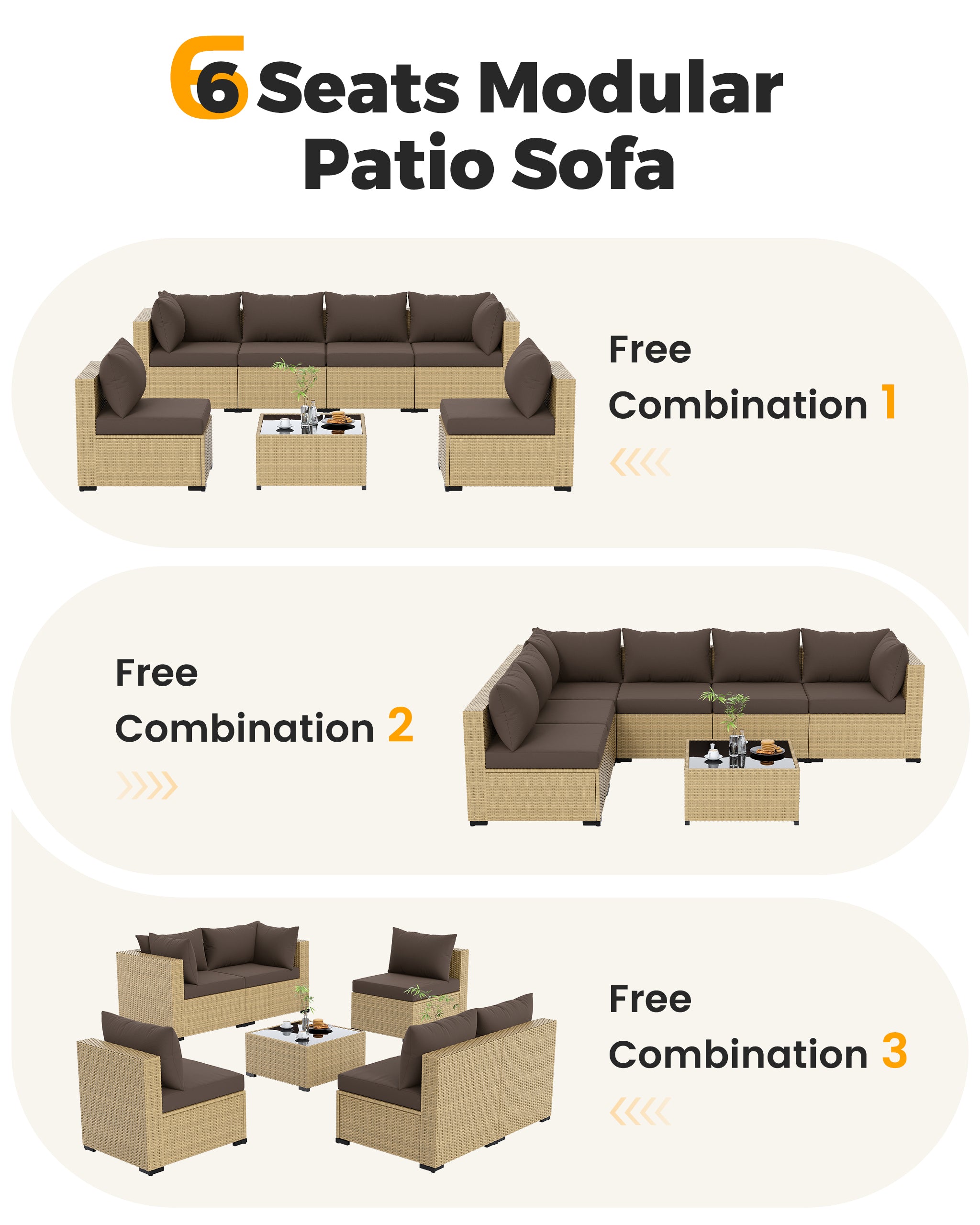 UDPATIO Furniture Set, 7 Piece Sectional Sofas with Wicker Coffee Table, Conversation for Garden, Backyard, Brown