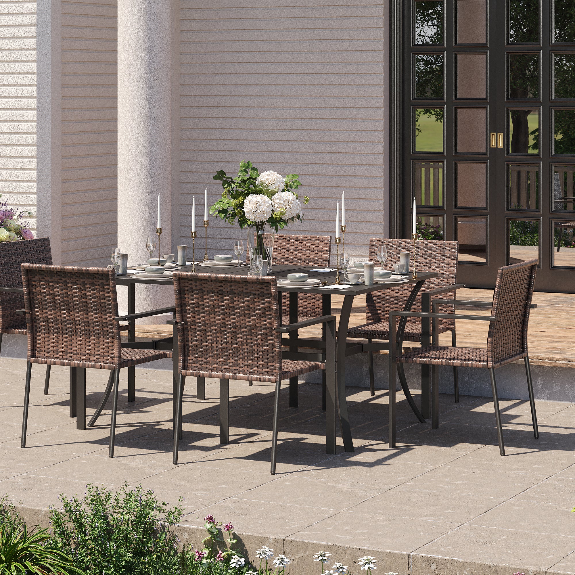 UDPATIO Stackable Patio Chairs Set of 2, Wicker Outdoor Chairs, All-Weather Rattan Dining Chairs with Deep Seat & Armrests, Steel Frame for Patio, Garden, Backyard, Deck, Lawn or Porch, Brown