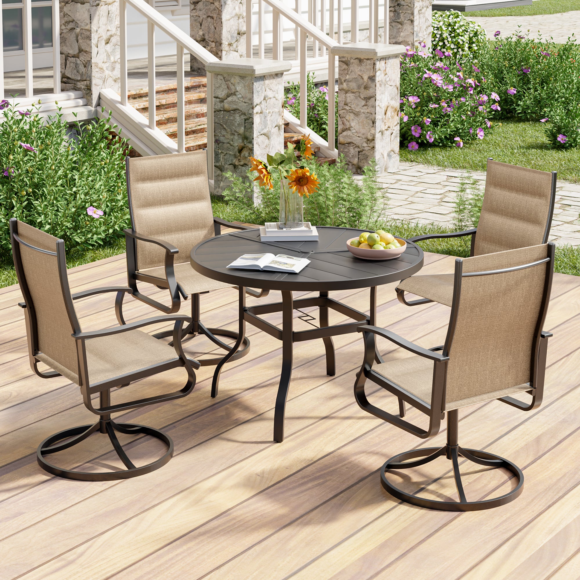 UDPATIO Swivel Patio Chairs Set of 4, Outdoor Swivel Rocker Patio Chairs with High Back, All Weather Textilene & Metal Frame for Backyard, Lawn, Porch, Pooside or Garden, Brown - Padded