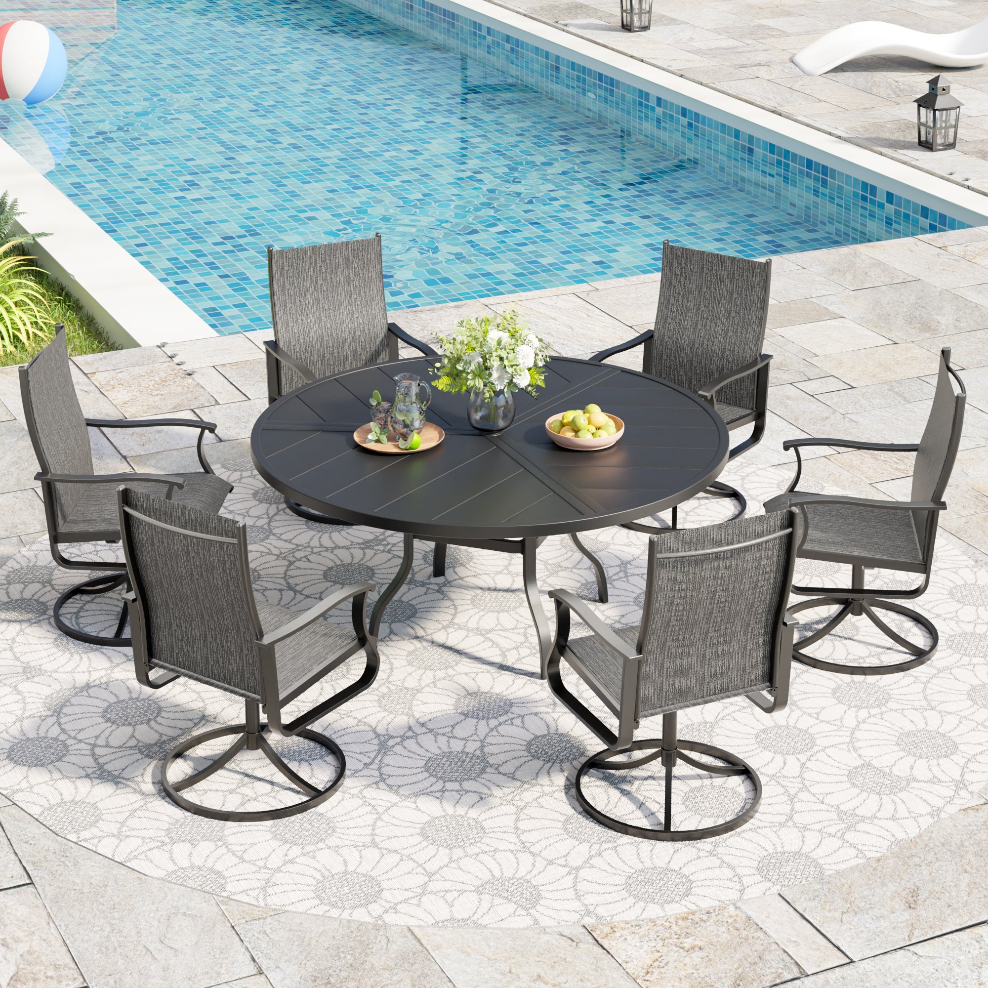 UDPATIO 7 Piece Outdoor Patio Dining Set with 51" Round Table & 6 Outdoor Swivel Rocker Dining Chairs with All Weather Textilene High Back & Metal Frame, Outdoor Table and Chair Set for Lawn, Backyard
