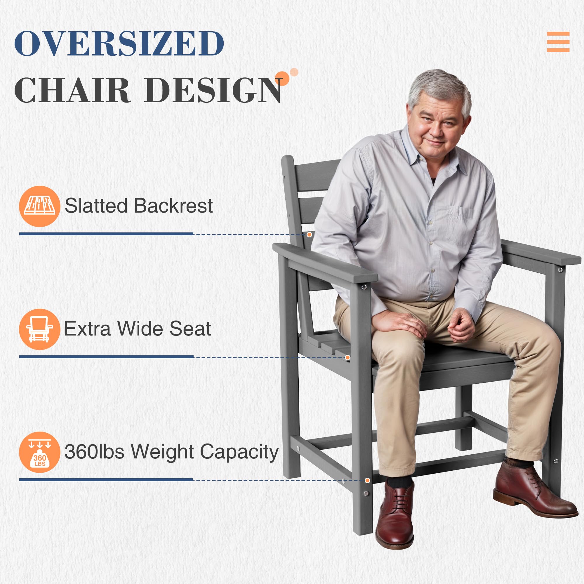 UDPATIO All-Weather HDPE Patio Chairs Set of 4, Oversized Outdoor Dining Chairs with 400 lbs Weight Capacity, Easy to Assemble, Gray