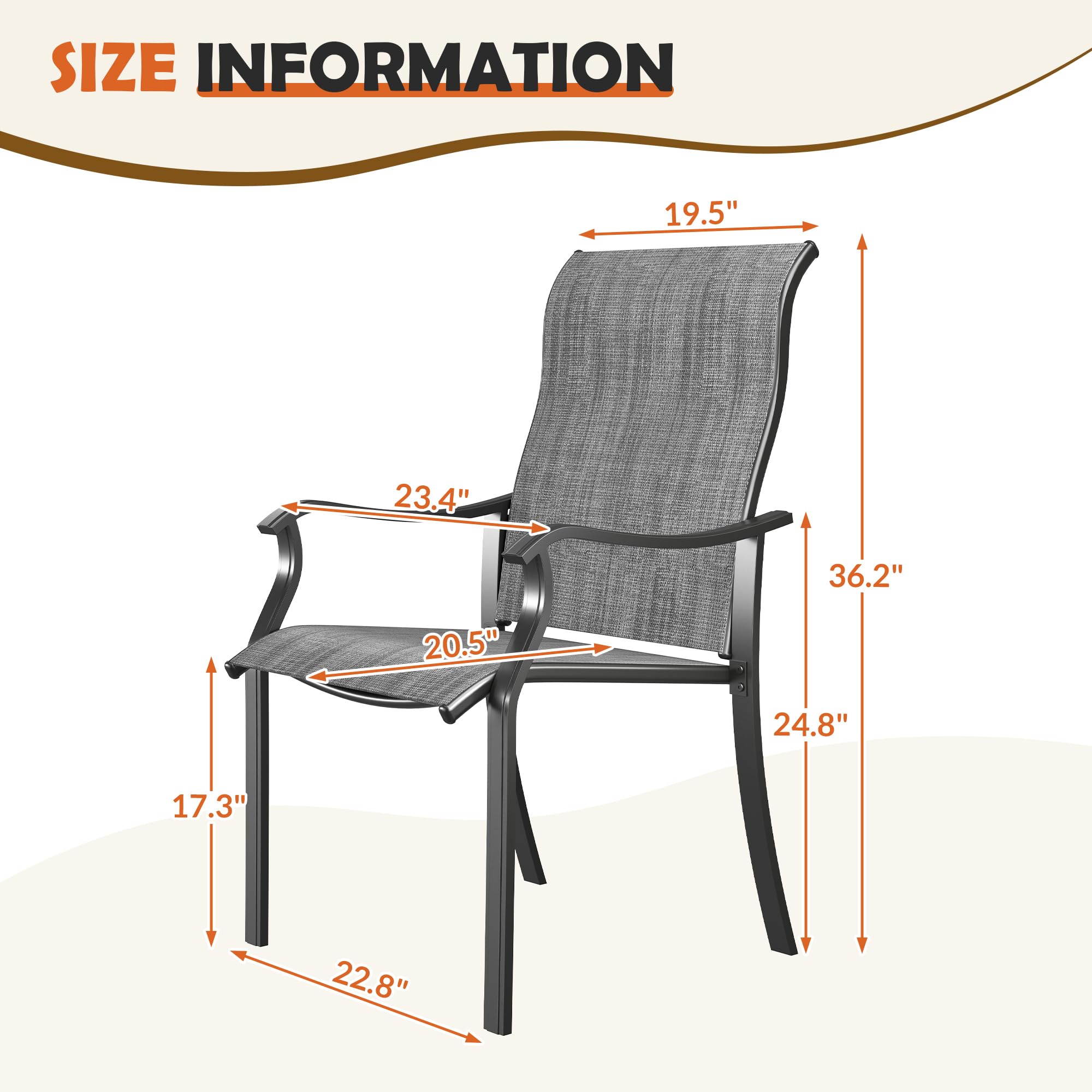 UDPATIO Patio Dining Chairs Set of 2, High Back Wide Seat Outdoor Furniture Chairs with All Weather Breathable Textilene, for Lawn Garden Backyard Deck, Dark Grey