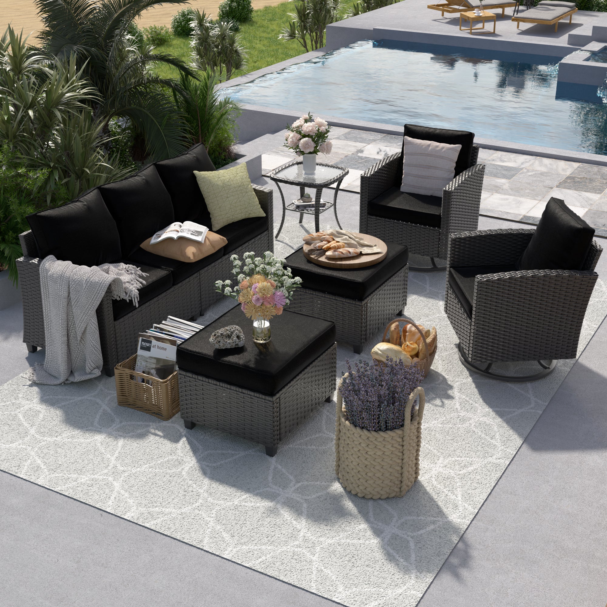 UDPATIO Patio Furniture Set, 6 Pieces Outdoor Sectional Couch with Swivel Rocking Chair, Gray Wicker Rattan Sofa with Side Table, 4" Thick Cushion for Garden Backyard Deck,Black