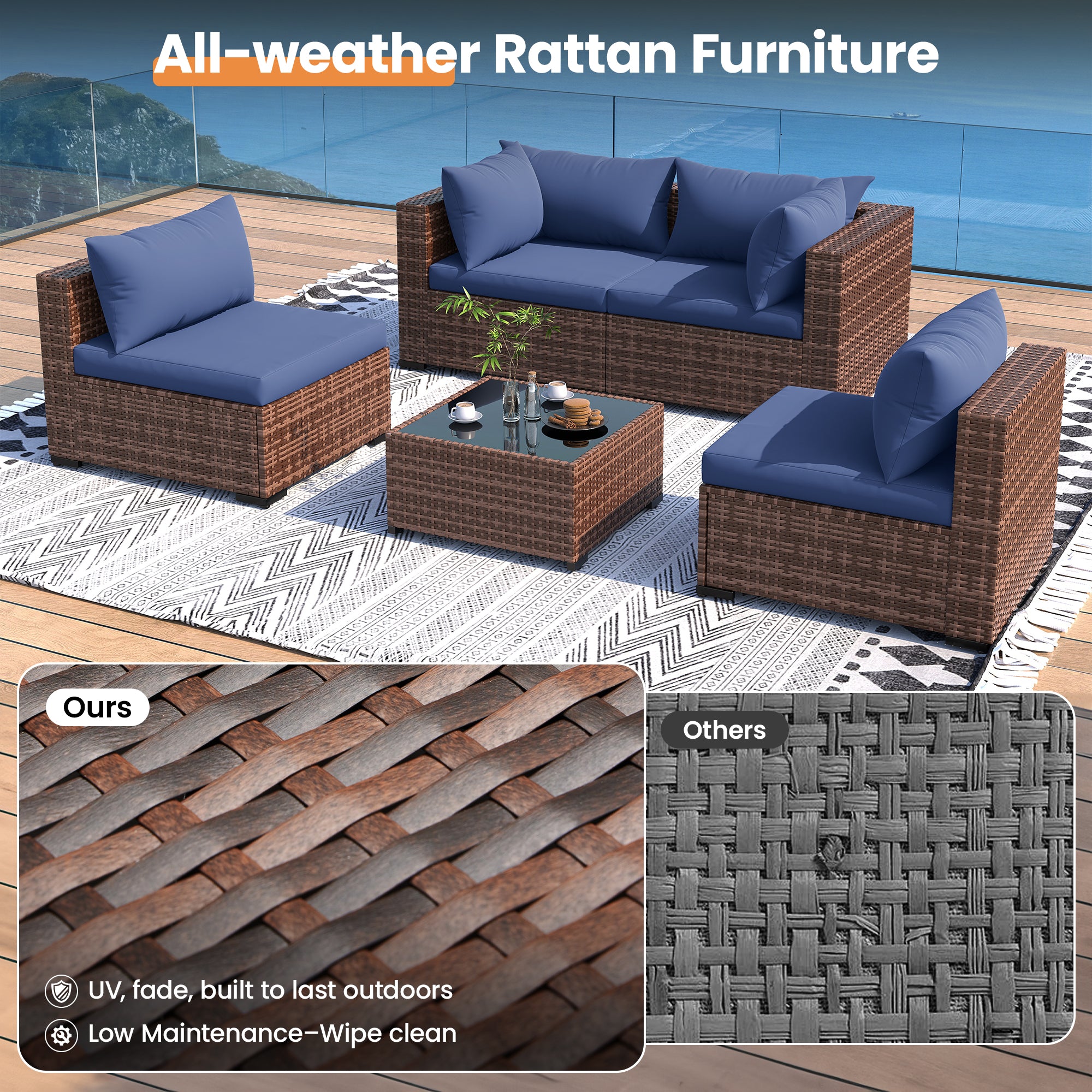 UDPATIO Patio Furniture Set with Fire Pit Table, 5 Piece Outdoor Sectional Sofas, All-Weather Wicker Conversation for Garden, Backyard, Grey