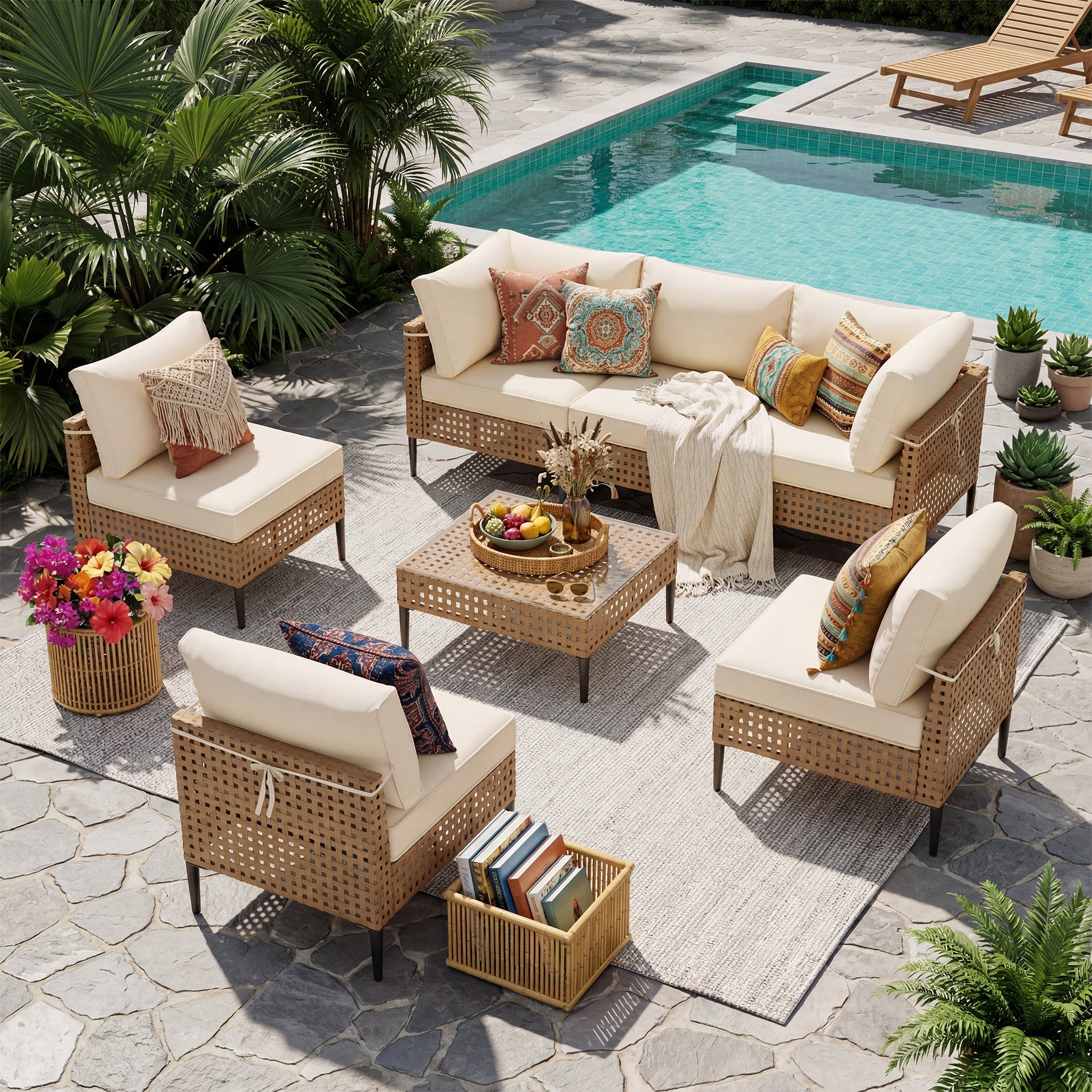 UDPATIO Wicker Patio Furniture Set with Sectional Sofas, All-Weather Cushions and Coffee Table, Bohemian Style and High-Leg Design for Garden, Deck, Poolside (Beige/7 Piece)