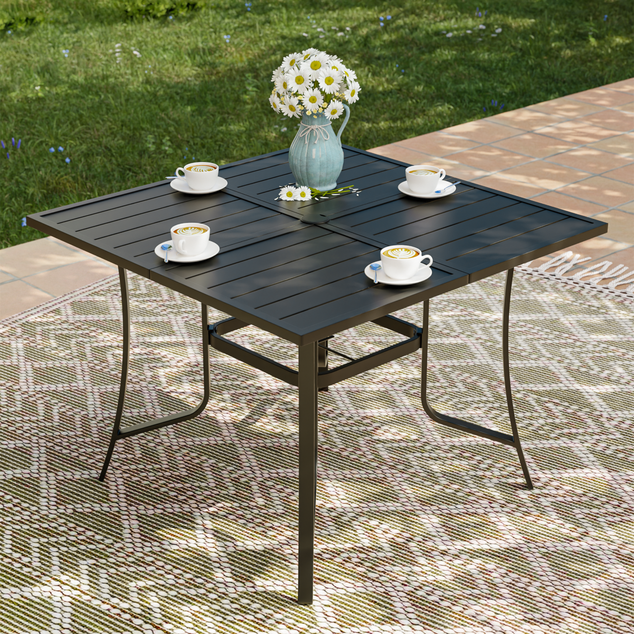 UDPATIO Square Outdoor Dining Table for 4, Outdoor Furniture Garden Table with Umbrella Hole, Black