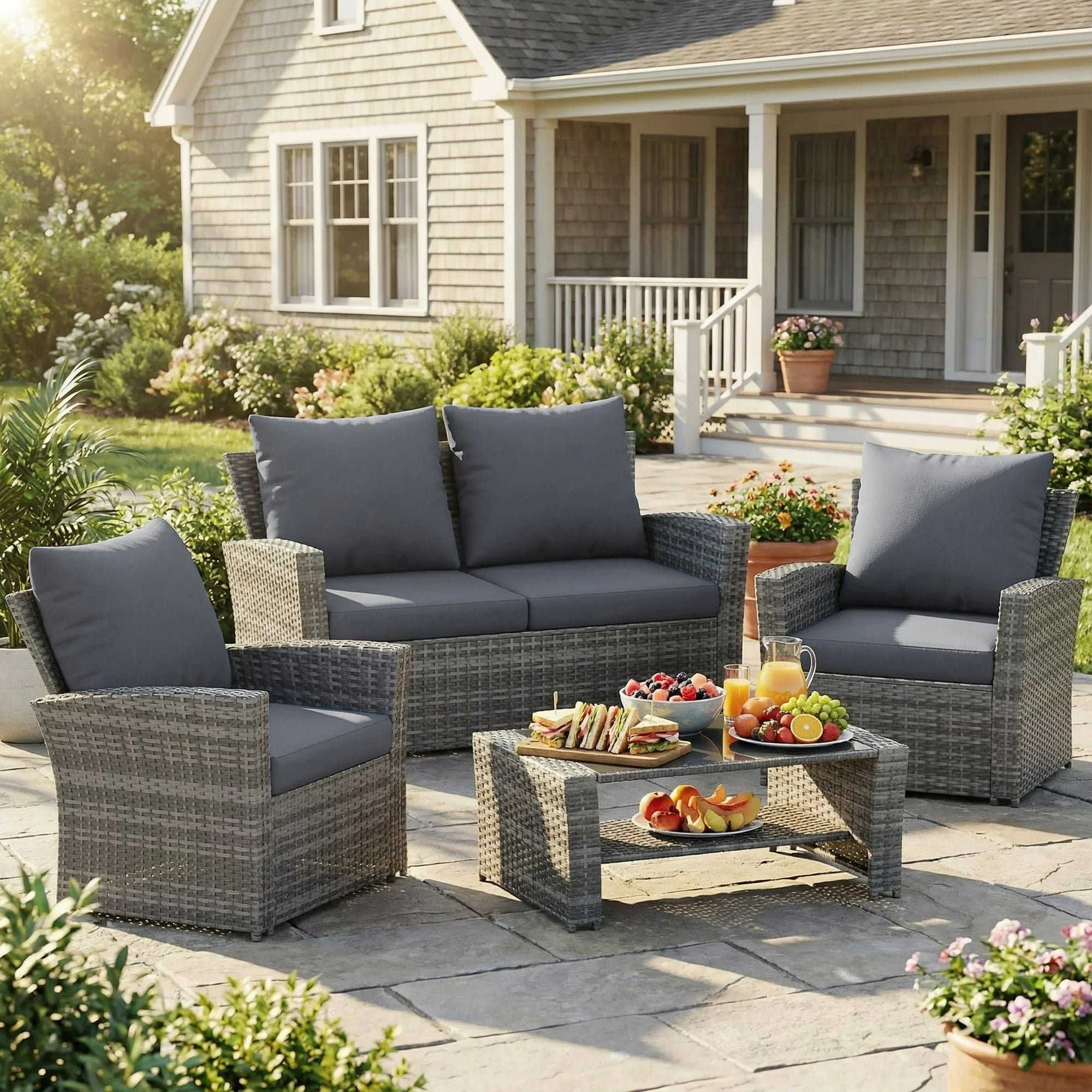 UDPATIO Wicker Patio Furniture Set, 4 Piece Outdoor Sectional Conversation Sets, Gray PE Rattan Patio Sofa Set for Balcony, Porch, Backyard, Grey