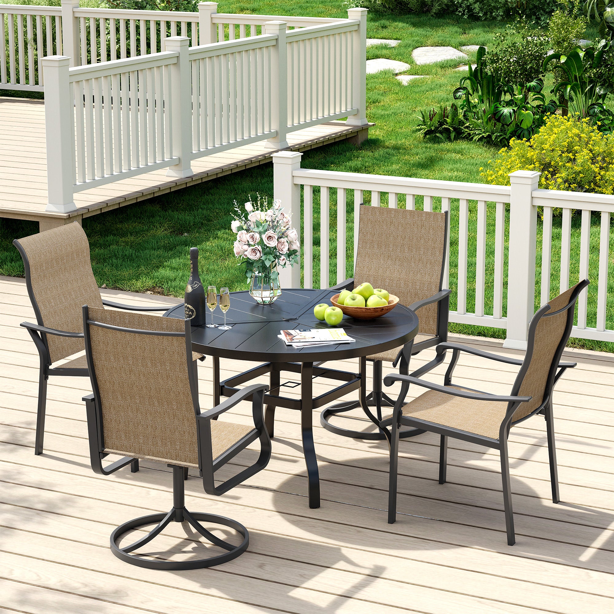 UDPATIO 5 Piece Patio Dining Set for 4, Patio Outdoor Table and Chairs, 39" Black Round Table with Umbrella Hole, Brown Patio Chairs, Patio Dining Set Outdoor Dining Set for Lawn, Backyard, Deck