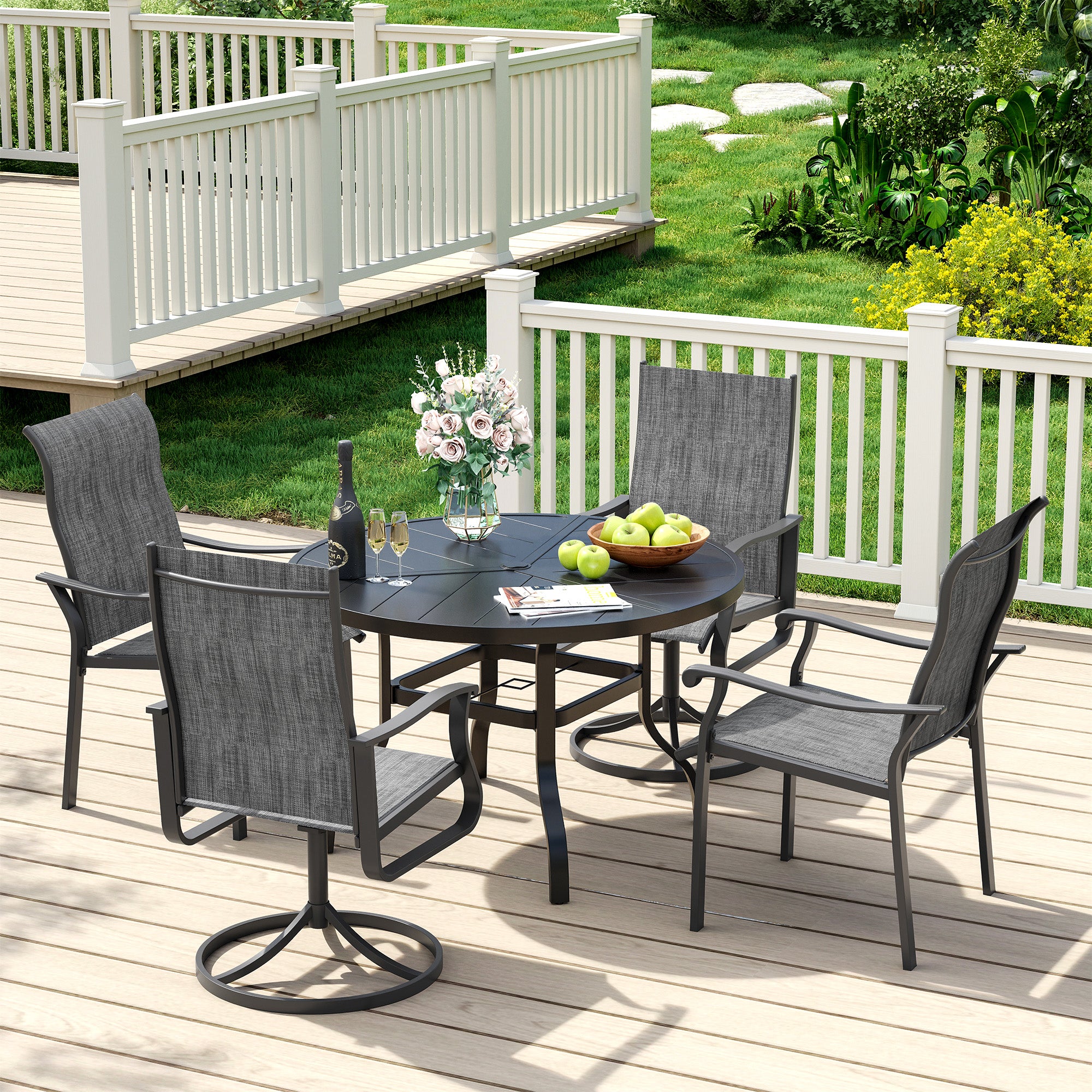 UDPATIO 5 Piece Patio Dining Set for 4, Patio Outdoor Table and Chairs, 39" Black Round Table with Umbrella Hole, Gray Patio Chairs, Patio Dining Set Outdoor Dining Set for Lawn, Backyard, Deck