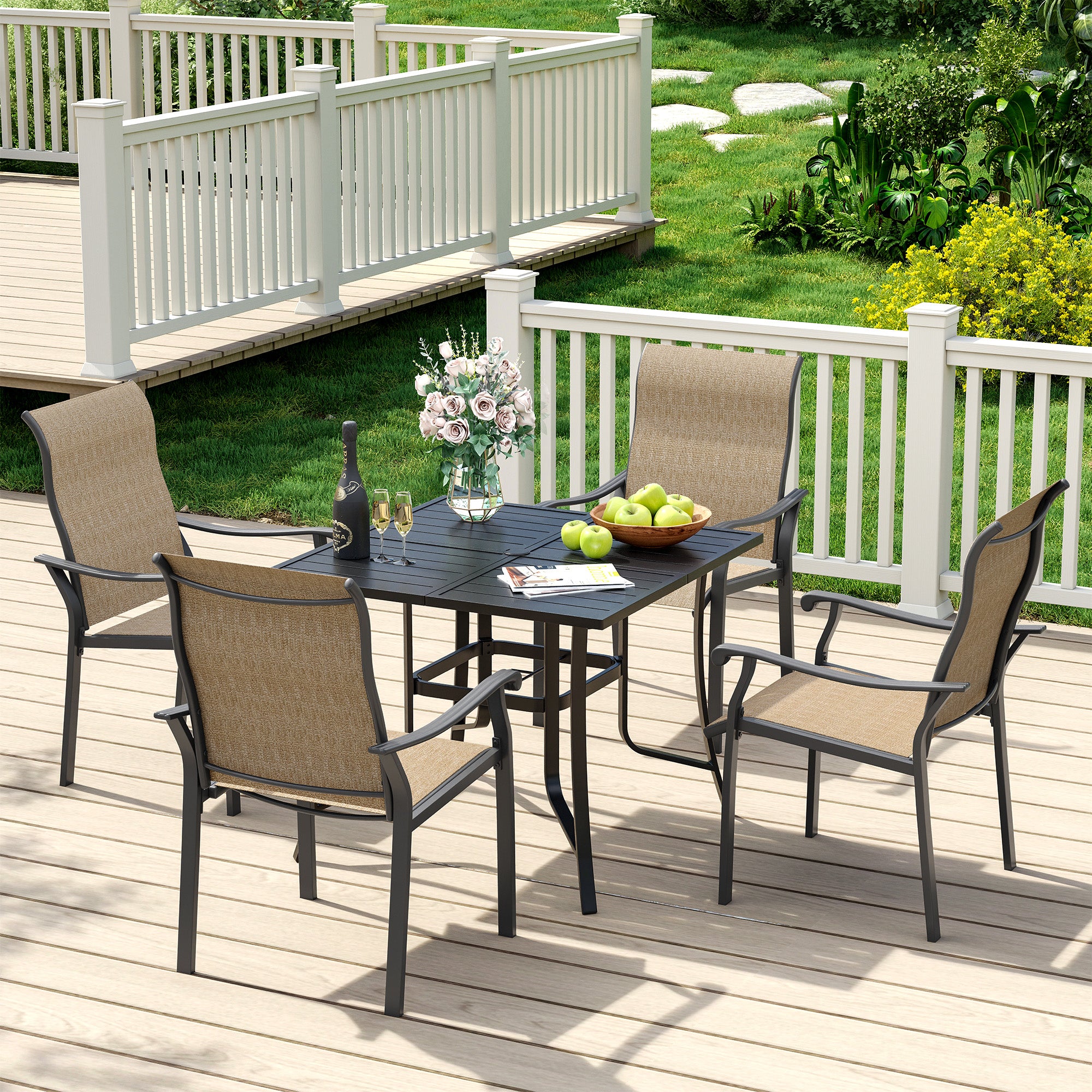 UDPATIO 5 Piece Patio Dining Set for 4, 37" Black Square Table with Umbrella Hole, Metal Brown Patio Chairs Set of 6, Patio Outdoor Table and Chair Set, Outside Dining Set for Lawn, Backyard
