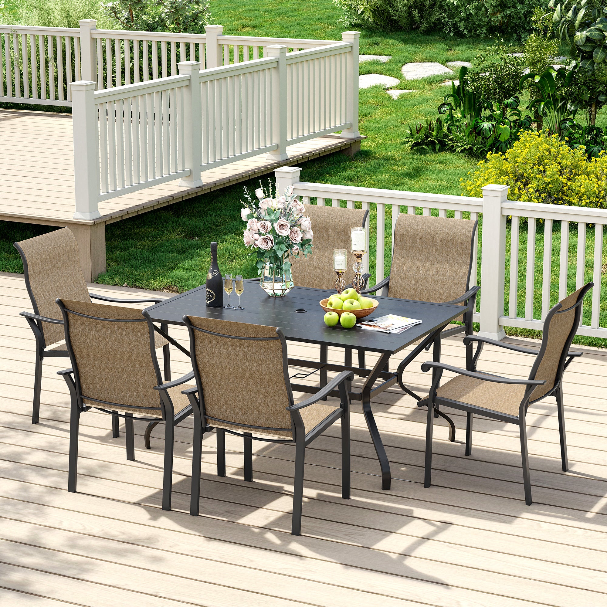 UDPATIO 7 Piece Patio Dining Set for 6, Patio Outdoor Table and Chairs, 59"×38" Black Table with Umbrella Hole, Brown Patio Chairs, Patio Outdoor Dining Set for Lawn, Backyard, Deck