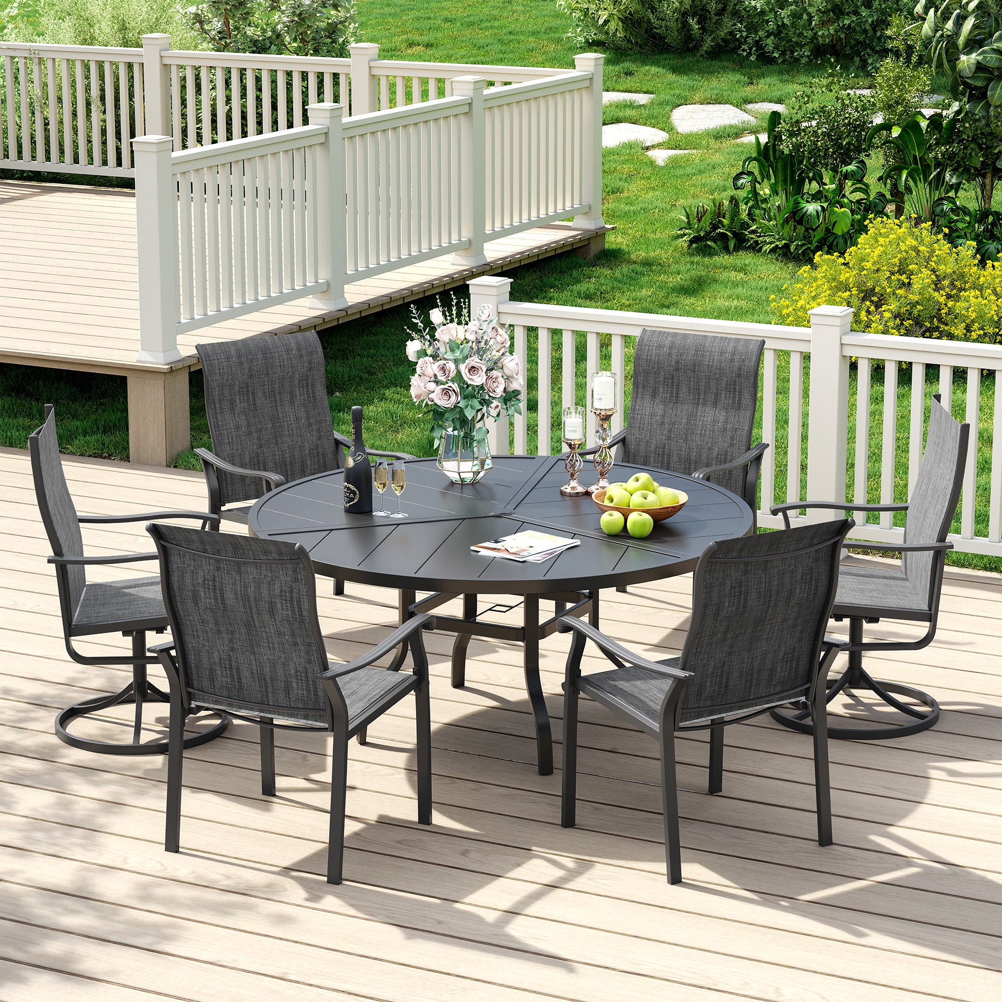UDPATIO 7 Piece Patio Dining Set for 6, Patio Outdoor Table and Chairs, 51" Black Round Table with Umbrella Hole, Gray Patio Chairs, Patio Dining Set Outdoor Dining Set for Lawn, Backyard, Deck