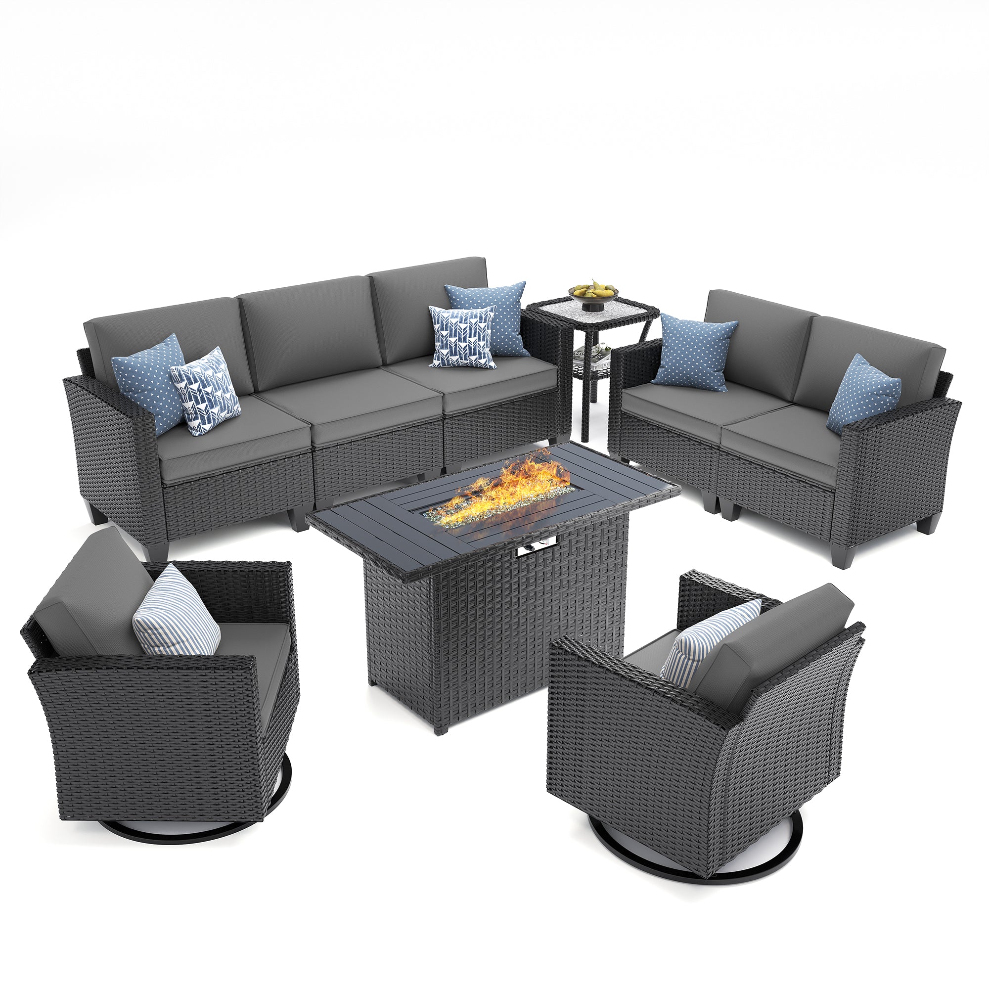 UDPATIO Patio Furniture Set with Fire Pit Table and Swivel Rocking Chairs, 6 Pieces Outdoor Wicker Furniture Set with Waterproof Cover, 4'' Thickened Cushion, Grey