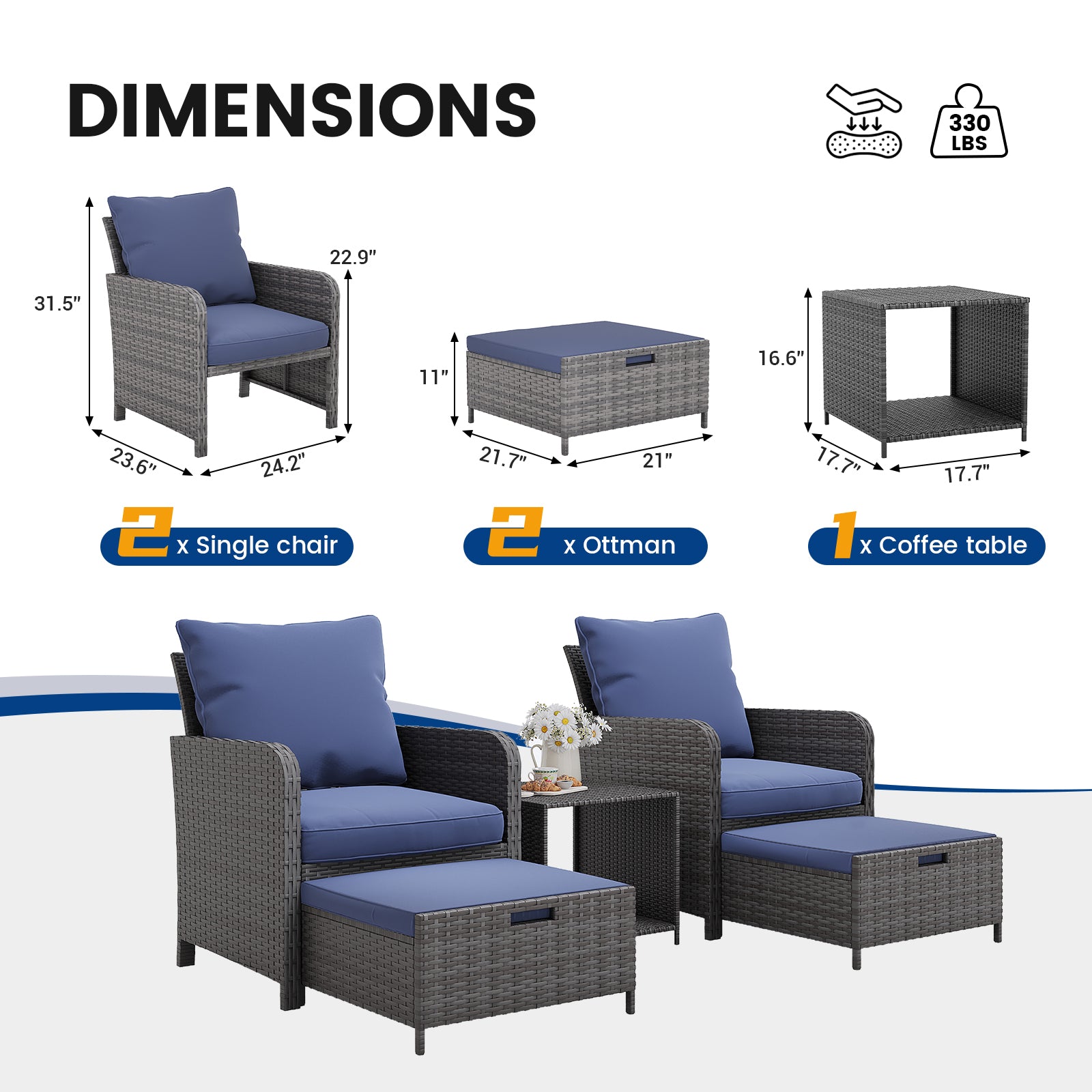 UDPATIO Wicker Patio Chairs with Ottoman Balcony Furniture 5 Pieces Patio Conversation Set with Pull Out Ottoman for Small Space