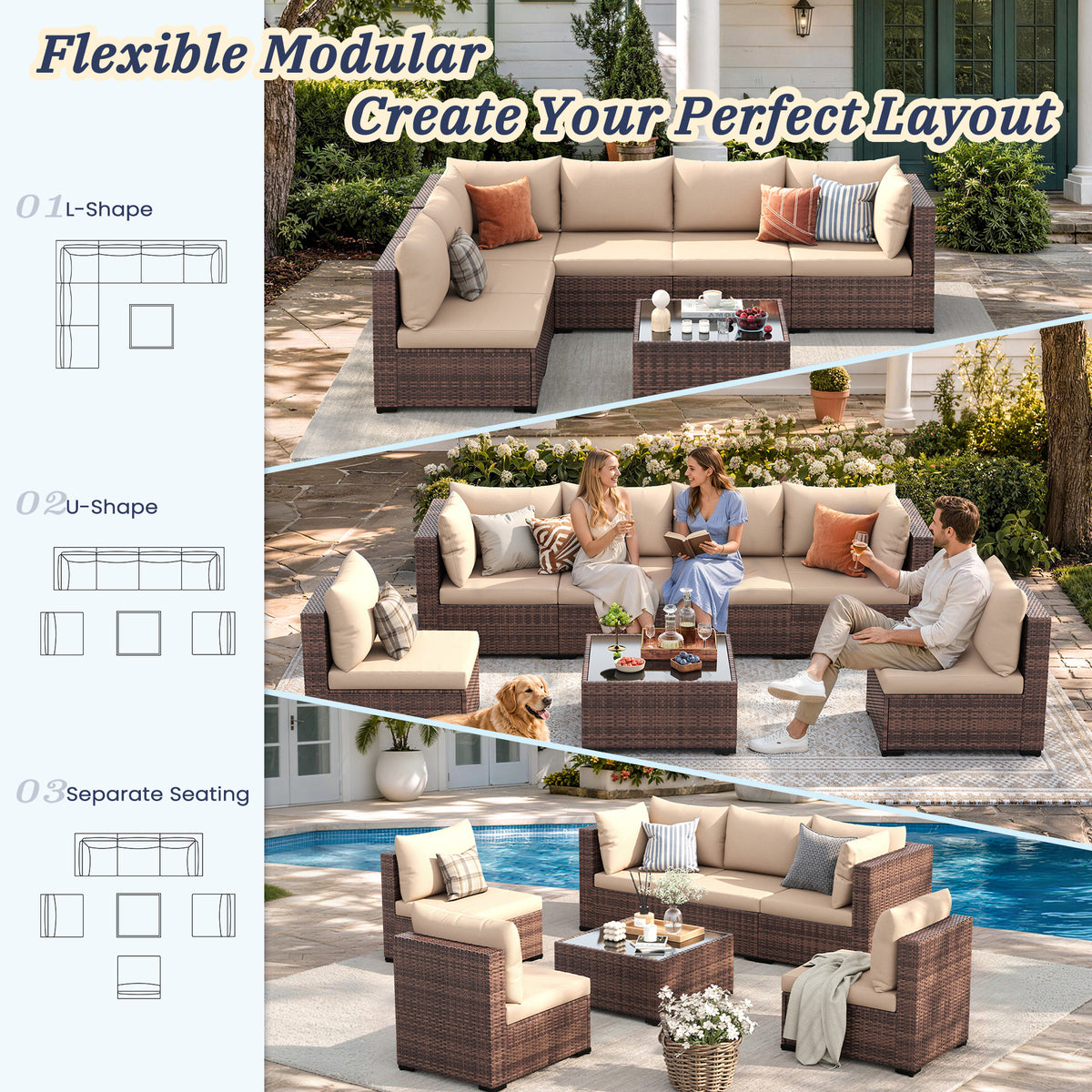 UDPATIO Patio Furniture Set Outdoor Sectional Sofa 7-Piece Conversation Set, Khaki