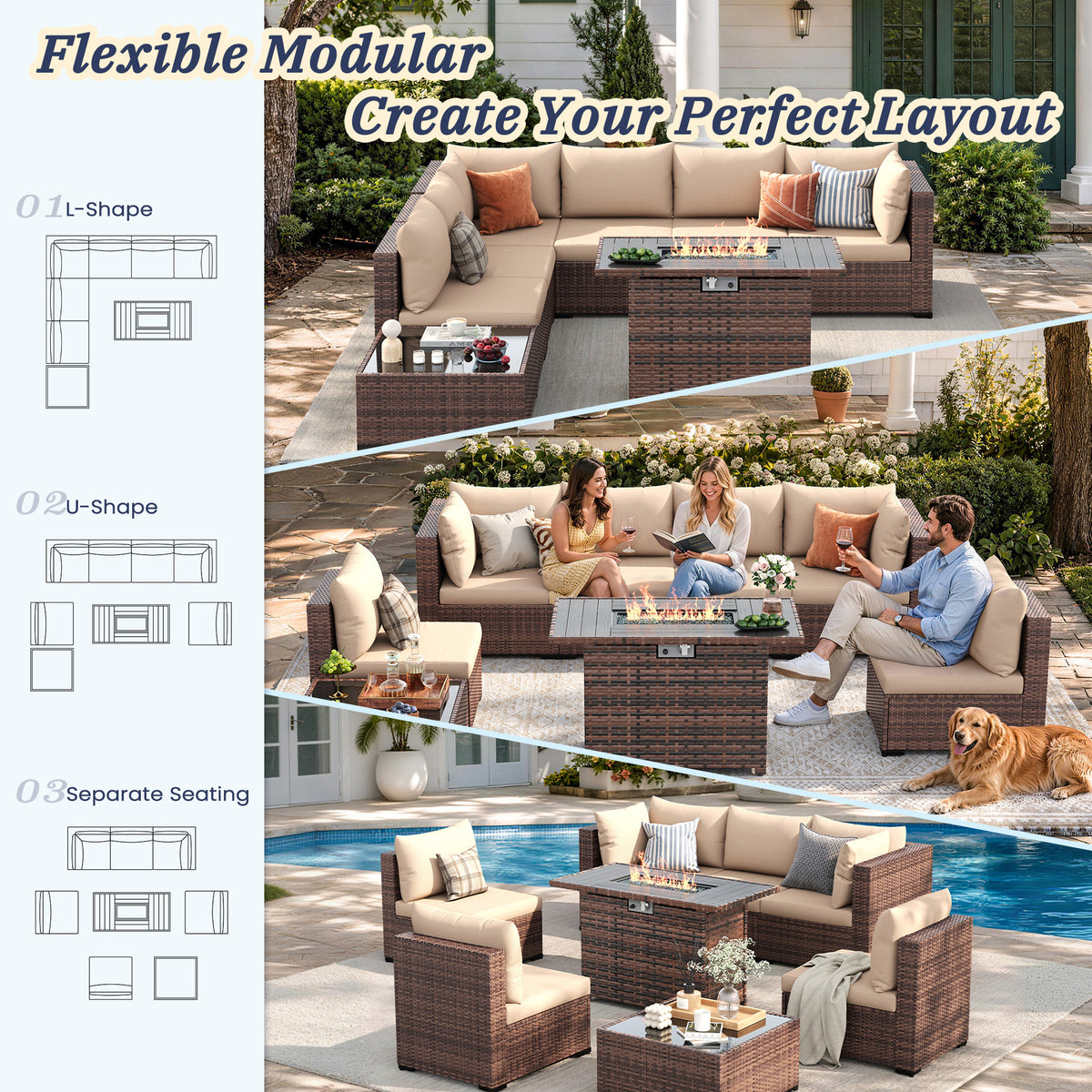 UDPATIO Patio Furniture Set Outdoor Sectional Sofa 7-Piece Conversation Set, Khaki