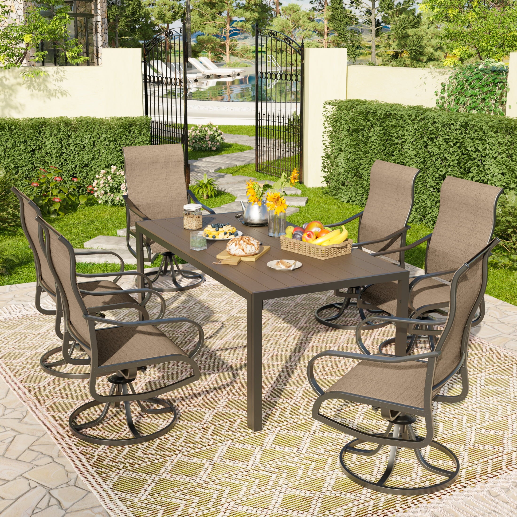 UDPATIO 7-Piece Outdoor Dining Set with High-Back Swivel Chairs & Iron Rectangle Table for 6-Person, Brown & Khaki
