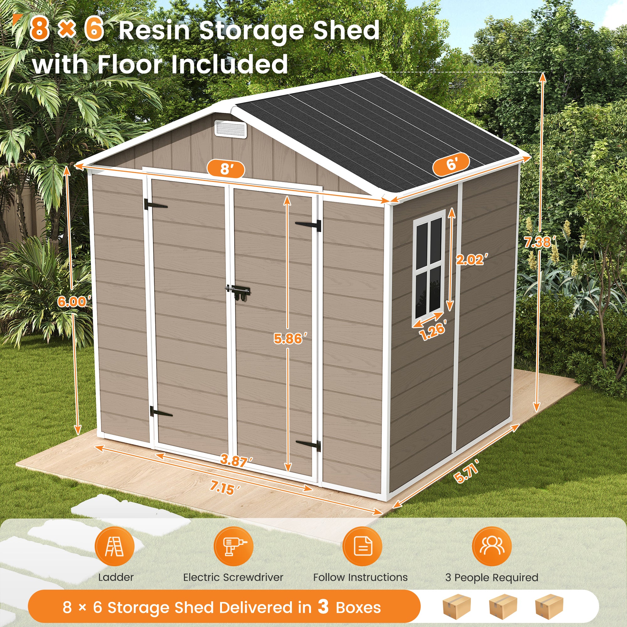 UDPATIO Resin Storage Shed 8 x 6 FT, Plastic Outdoor Storage Shed with Floor Outdside Storage Garden Patio Sheds with Lockable Door for Bike, Garbage Can, Tool, Dark Grey